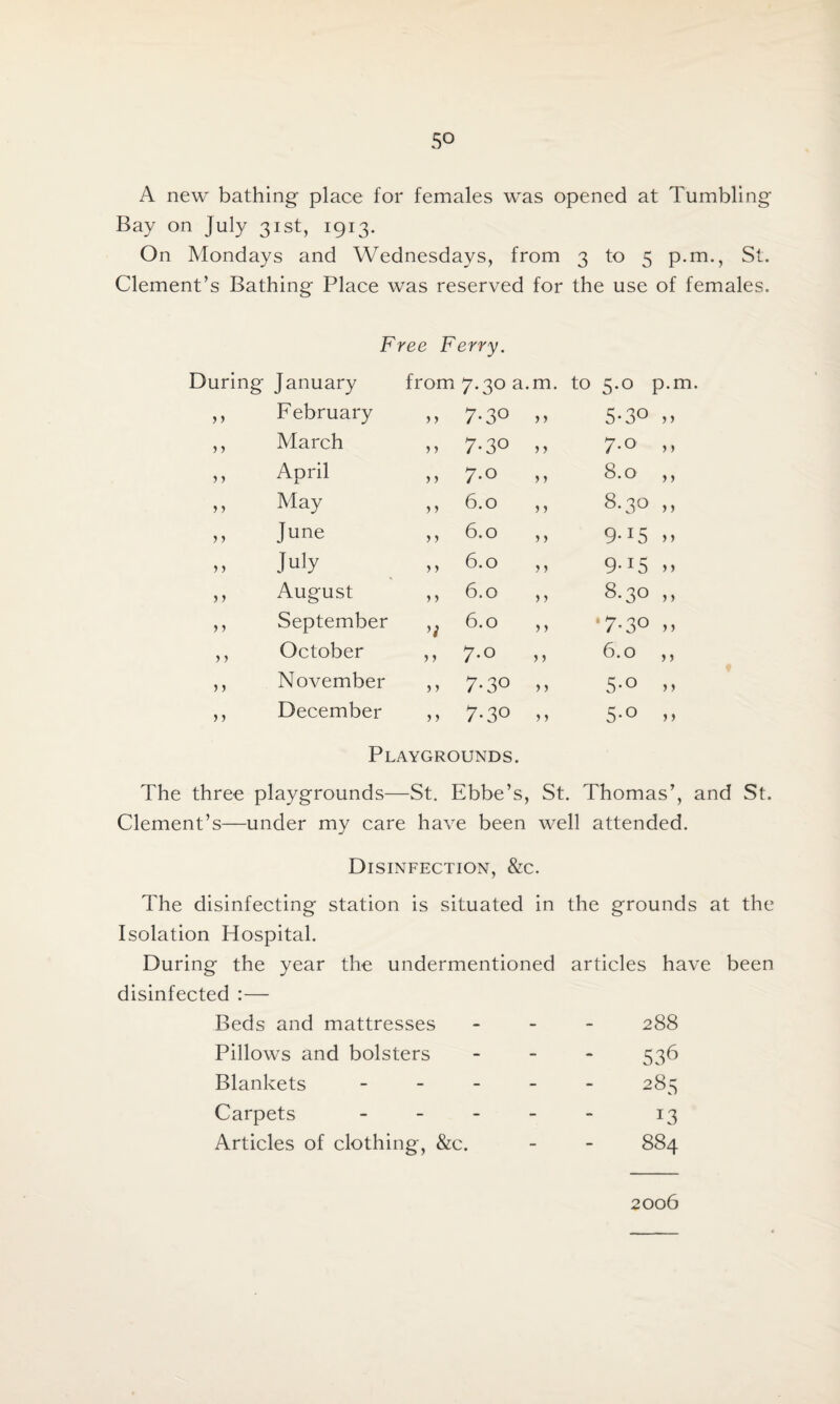 A new bathing place for females was opened at Tumbling Bay on July 31st, 1913. On Mondays and Wednesdays, from 3 to 5 p.m., St. Clement’s Bathing Place was reserved for the use of females. Free Ferry. During January from 7-30 a.m. to 5.0 p.m. > > February y y 7-3° y y 5-30 > > March y y 7-3o y y 7.0 y > > > April y y 7.0 y y 8.0 yy > y May y y 6.0 y y 8.30 y y > > June y y 6.0 y y 9-i5 y y 5 > July y y 6.0 y y 9-i5 y y > y August y y 6.0 y y 8.30 y y y > September >i 6.0 y y ‘7-3° y y > y October y y 7.0 y y 6.0 y y y > November y y 7-3o y y 5-o y y > j December y y 7-3° y y 5-° y y Playgrounds. The three playgrounds—St. Ebbe’s, St. Thomas’, and St. Clement’s—under my care have been well attended. Disinfection, &c. The disinfecting station is situated in the grounds at the Isolation Hospital. During the year the undermentioned articles have been disinfected :— Beds and mattresses - - 288 Pillows and bolsters - - 536 Blankets - - - 285 Carpets - - - 13 Articles of clothing, &c. - - 884 2006