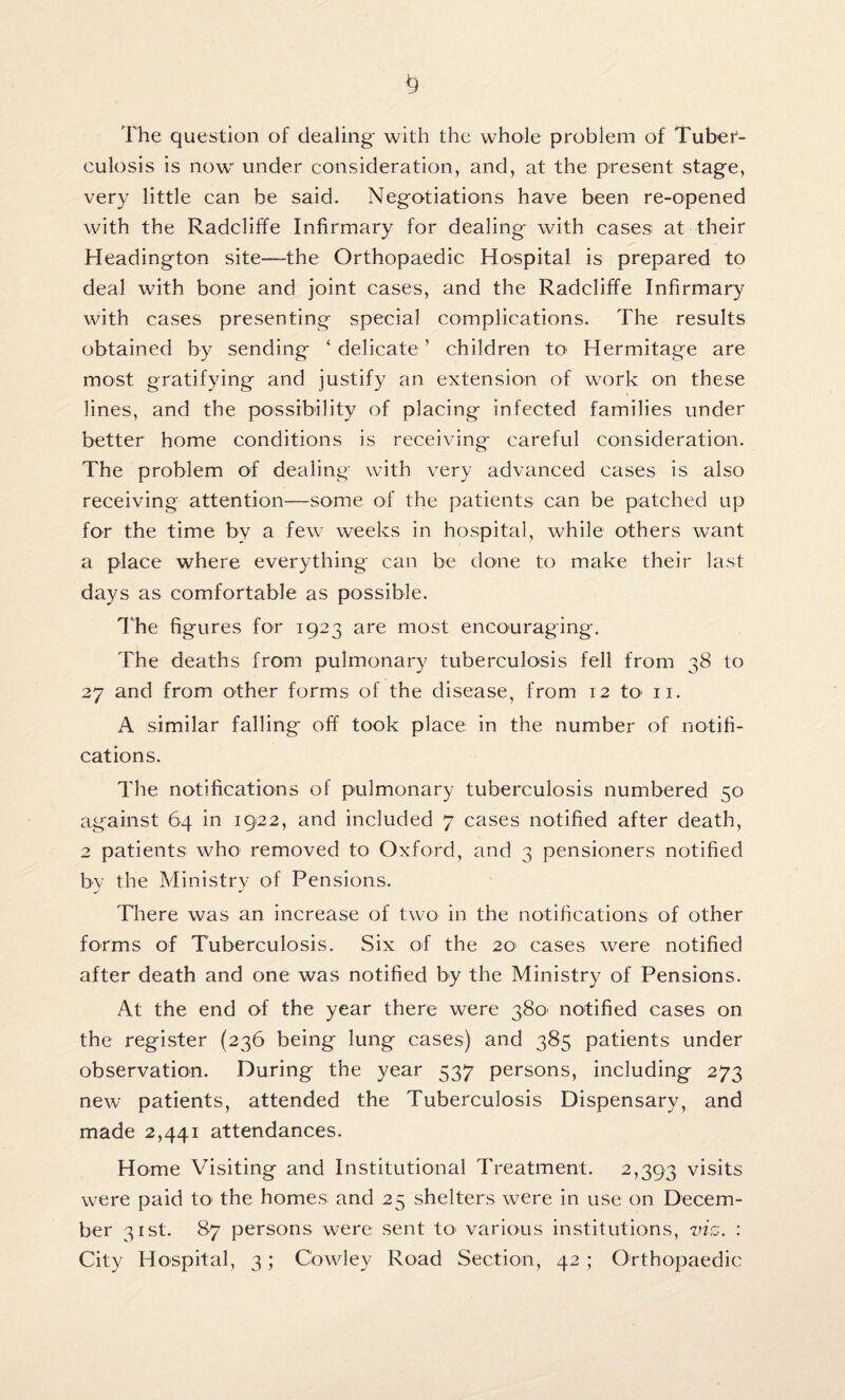 The question of dealing* with the whole problem of Tuber¬ culosis is now under consideration, and, at the present stage, very little can be said. Negotiations have been re-opened with the Radcliffe Infirmary for dealing with cases at their Headington site—the Orthopaedic Hospital is prepared to deal with bone and joint cases, and the Radcliffe Infirmary with cases presenting special complications. The results obtained by sending ‘delicate’ children to> Hermitage are most gratifying and justify an extension of work on these lines, and the possibility of placing infected families under better home conditions is receiving careful consideration. The problem of dealing with very advanced cases is also receiving attention—some of the patients can be patched up for the time by a few weeks in hospital, while others want a place where everything can be done to make their last days as comfortable as possible. The figures for 1923 are most encouraging. The deaths from pulmonary tuberculosis fell from 38 to 27 and from other forms of the disease, from 12 to 11. A similar falling off took place in the number of notifi¬ cations. The notifications of pulmonary tuberculosis numbered 50 against 64 in 1922, and included 7 cases notified after death, 2 patients who removed to Oxford, and 3 pensioners notified by the Ministry of Pensions. There was an increase of two in the notifications of other forms of Tuberculosis. Six of the 20 cases were notified after death and one was notified by the Ministry of Pensions. At the end of the year there were 380' notified cases on the register (236 being lung cases) and 385 patients under observation. During the year 537 persons, including 273 new patients, attended the Tuberculosis Dispensary, and made 2,441 attendances. Home Visiting and Institutional Treatment. 2,393 visits were paid to' the homes and 25 shelters were in use on Decem¬ ber 31st. 87 persons were sent to> various institutions, viz. : City Hospital, 3; Cowley Road Section, 42; Orthopaedic