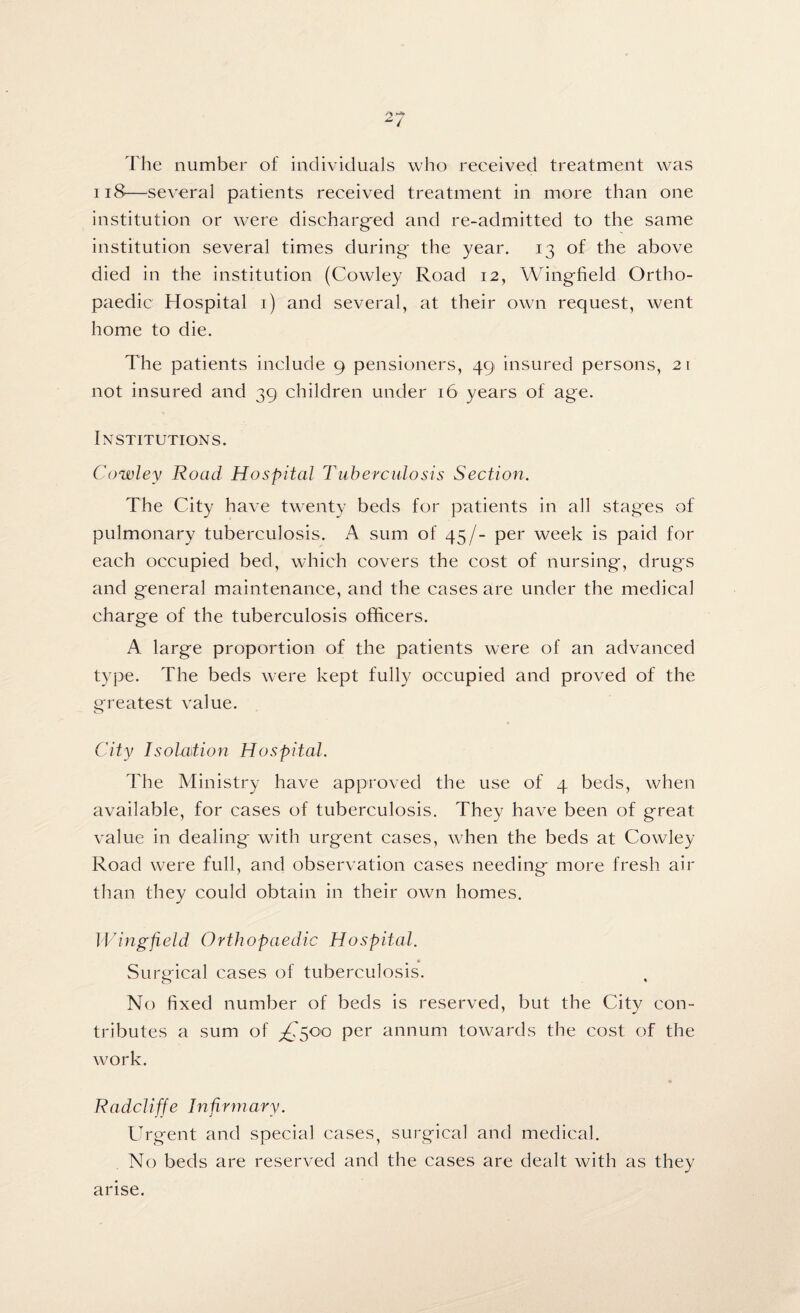 c\ h*> The number of individuals who received treatment was 118—several patients received treatment in more than one institution or were discharged and re-admitted to the same institution several times during the year. 13 of the above died in the institution (Cowley Road 12, Wingfield Ortho¬ paedic Hospital 1) and several, at their own request, went home to die. The patients include 9 pensioners, 49 insured persons, 21 not insured and 39 children under 16 years of age. Institutions. Cowley Road Hospital Tuberculosis Section. The City have twenty beds for patients in all stages of pulmonary tuberculosis. A sum of 45/- per week is paid for each occupied bed, which covers the cost of nursing, drugs and general maintenance, and the cases are under the medical charge of the tuberculosis officers. A large proportion of the patients were of an advanced type. The beds were kept fully occupied and proved of the greatest value. City Isolation Hospital. The Ministry have approved the use of 4 beds, when available, for cases of tuberculosis. They have been of great value in dealing with urgent cases, when the beds at Cowley Road were full, and observation cases needing more fresh air than they could obtain in their own homes. Wingfield Orthopaedic Hospital. Surgical cases of tuberculosis. No fixed number of beds is reserved, but the City con¬ tributes a sum of ^500 per annum towards the cost of the work. Radcliffe Infirmary. Urgent and special cases, surgical and medical. No beds are reserved and the cases are dealt with as they arise.