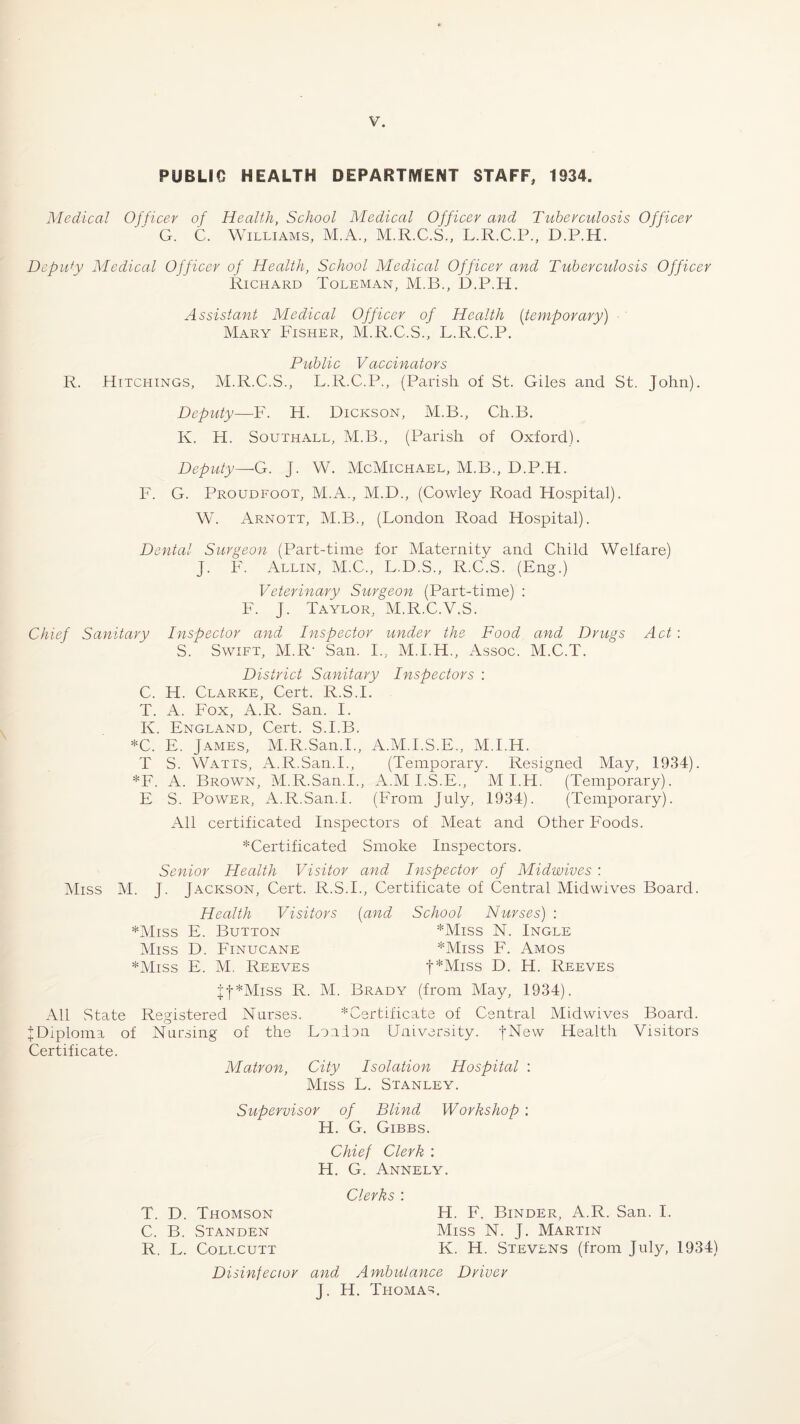 PUBLIC HEALTH DEPARTMENT STAFF, 1934. Medical Officer of Health, School Medical Officer and Tuberculosis Officer G. C. Williams, M.A., M.R.C.S., L.R.C.P., D.P.H. Deputy Medical Officer of Health, School Medical Officer and Tuberculosis Officer Richard Toleman, M.B., D.P.H. Assistant Medical Officer of Health (temporary) ■ Mary Fisher, M.R.C.S., L.R.C.P. Public Vaccinators R. Hitchings, M.R.C.S., L.R.C.P., (Parish of St. Giles and St. John). Deputy—F. H. Dickson, M.B., Ch.B. K. H. Southall, M.B., (Parish of Oxford). Deputy—G. J. W. McMichael, M.B., D.P.H. F. G. Proudfoot, M.A., M.D., (Cowley Road Hospital). W. Arnott, M.B., (London Road Hospital). Dental Surgeon (Part-time for Maternity and Child Welfare) J. F. Allin, M.C., L.D.S., R.C.S. (Eng.) Veterinary Surgeon (Part-time) : F. J. Taylor, M.R.C.V.S. Chief Sanitary Inspector and Inspector under the Food and Drugs Act : S. Swift, M.R- San. I., M.I.H., Assoc. M.C.T. District Sanitary Inspectors : C. H. Clarke, Cert. R.S.I. T. A. Fox, A.R. San. I. K. England, Cert. S.I.B. *C. E. James, M.R.San.I., A.M.I.S.E., M.I.H. T S. Watts, A.R.San.I., (Temporary. Resigned May, 1934). *F. A. Brown, M.R.San.I., A.M I.S.E., M I.H. (Temporary). E S. Power, A.R.San.I. (From July, 1934). (Temporary). All certificated Inspectors of Meat and Other Foods. ^Certificated Smoke Inspectors. Senior Health Visitor and Inspector of Midwives : Miss M. J. Jackson, Cert. R.S.I., Certificate of Central Midwives Board. Health Visitors (and School Nurses) : *Miss E. Button *Miss N. Ingle Miss D. Finucane *Miss F. Amos *Miss E. M. Reeves f*Miss D. H. Reeves jf*Miss R. M. Brady (from May, 1934). All State Registered Nurses. ^Certificate of Central Midwives Board. ^Diploma of Nursing of the Louden University. JNew Health Visitors Certificate. Matron, City Isolation Hospital : Miss L. Stanley. Supervisor of Blind Workshop : H. G. Gibbs. Chief Clerk : H. G. Annely. T. D. Thomson C. B. Standen R. L. Collcutt Disinfector Clerks : H. F. Binder, A.R. San. I. Miss N. J. Martin K. H. Stevens (from July, 1934) and Ambulance Driver J. H. Thomas.