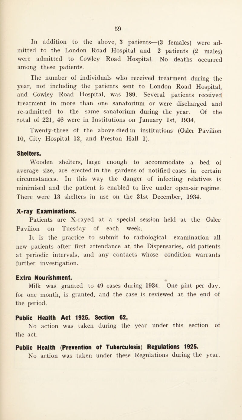 In addition to the above, 3 patients—(3 females) were ad¬ mitted to the London Road Hospital and 2 patients (2 males) were admitted to Cowley Road Hospital. No deaths occurred among these patients. The number of individuals who received treatment during the year, not including the patients sent to London Road Hospital, and Cowley Road Hospital, was 189. Several patients received treatment in more than one sanatorium or were discharged and re-admitted to the same sanatorium during the year. Of the total of 221, 46 were in Institutions on January 1st, 1934. Twenty-three of the above died in institutions (Osier Pavilion 10, City Hospital 12, and Preston Hall 1). Shelters. Wooden shelters, large enough to accommodate a bed of average size, are erected in the gardens of notified cases in certain circumstances. In this way the danger of infecting relatives is minimised and the patient is enabled to live under open-air regime. There were 13 shelters in use on the 31st December, 1934. X-ray Examinations. Patients are X-rayed at a special session held at the Osier Pavilion on Tuesday of each week. It is the practice to submit to radiological examination all new patients after first attendance at the Dispensaries, old patients at periodic intervals, and any contacts whose condition warrants further investigation. Extra Nourishment. Milk was granted to 49 cases during 1934. One pint per day, for one month, is granted, and the case is reviewed at the end of the period. Public Health Act 1925. Section 62. No action was taken during the year under this section of the act. Public Health (Prevention of Tuberculosis) Regulations 1925. No action was taken under these Regulations during the year.