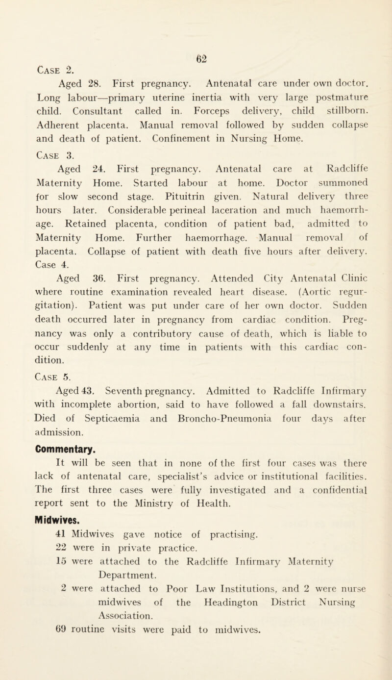 Case 2. Aged 28. First pregnancy. Antenatal care under own doctor. Long labour—primary uterine inertia with very large postmature child. Consultant called in. Forceps delivery, child stillborn. Adherent placenta. Manual removal followed by sudden collapse and death of patient. Confinement in Nursing Home. Case 3. Aged 24. First pregnancy. Antenatal care at Radcliffe Maternity Home. Started labour at home. Doctor summoned for slow second stage. Pituitrin given. Natural delivery three hours later. Considerable perineal laceration and much haemorrh¬ age. Retained placenta, condition of patient bad, admitted to Maternity Home. Further haemorrhage. Manual removal of placenta. Collapse of patient with death five hours after delivery. Case 4. Aged 36. First pregnancy. Attended City Antenatal Clinic where routine examination revealed heart disease. (Aortic regur¬ gitation). Patient was put under care of her own doctor. Sudden death occurred later in pregnancy from cardiac condition. Preg¬ nancy was only a contributory cause of death, which is liable to occur suddenly at any time in patients with this cardiac con¬ dition. Case 5. Aged 43. Seventh pregnancy. Admitted to Radcliffe Infirmary with incomplete abortion, said to have followed a fall downstairs. Died of Septicaemia and Broncho-Pneumonia four da}/s after admission. Commentary. It will be seen that in none of the first four cases was there lack of antenatal care, specialist’s advice or institutional facilities. The first three cases were fully investigated and a confidential report sent to the Ministry of Health. Midwives. 41 Midwives gave notice of practising. 22 were in private practice. 15 were attached to the Radcliffe Infirmary Maternity Department. 2 were attached to Poor Law Institutions, and 2 were nurse midwives of the Headington District Nursing Association. 69 routine visits were paid to midwives.