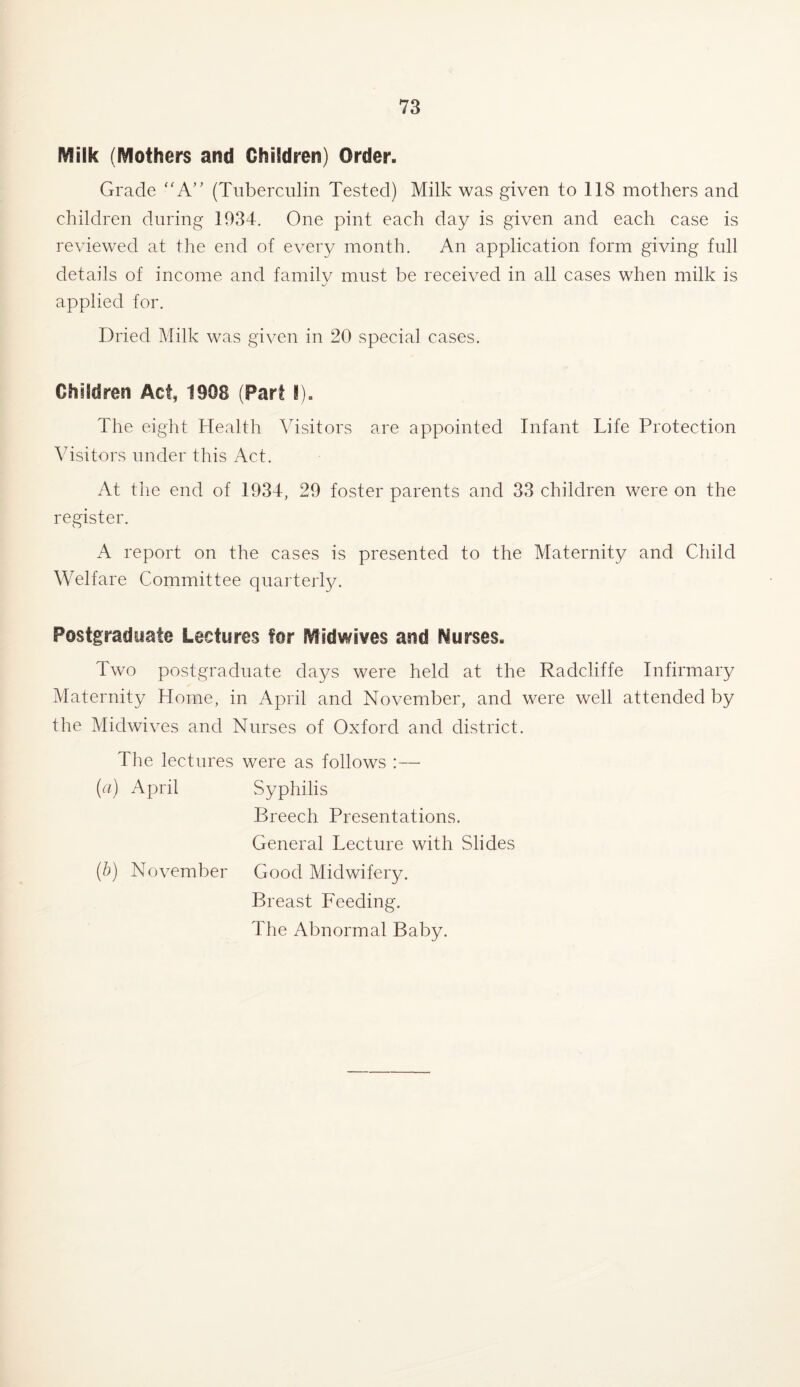 IVSilk (Mothers and Children) Order. Grade “A” (Tuberculin Tested) Milk was given to 118 mothers and children during 1934. One pint each day is given and each case is reviewed at the end of every month. An application form giving full details of income and familv must be received in all cases when milk is applied for. Dried Milk was given in 20 special cases. Children Act, 1908 (Part I). The eight Health Visitors are appointed Infant Life Protection Visitors under this Act. At the end of 1934, 29 foster parents and 33 children were on the register. A report on the cases is presented to the Maternity and Child Welfare Committee quarterly. Postgraduate Lectures for Msdwives and Nurses. Two postgraduate days were held at the Radcliffe Infirmary Maternity Home, in April and November, and were well attended by the Midwives and Nurses of Oxford and district. The lectures were as follows :— (a) April Syphilis Breech Presentations. General Lecture with Slides (b) November Good Midwifery. Breast Feeding. The Abnormal Baby.