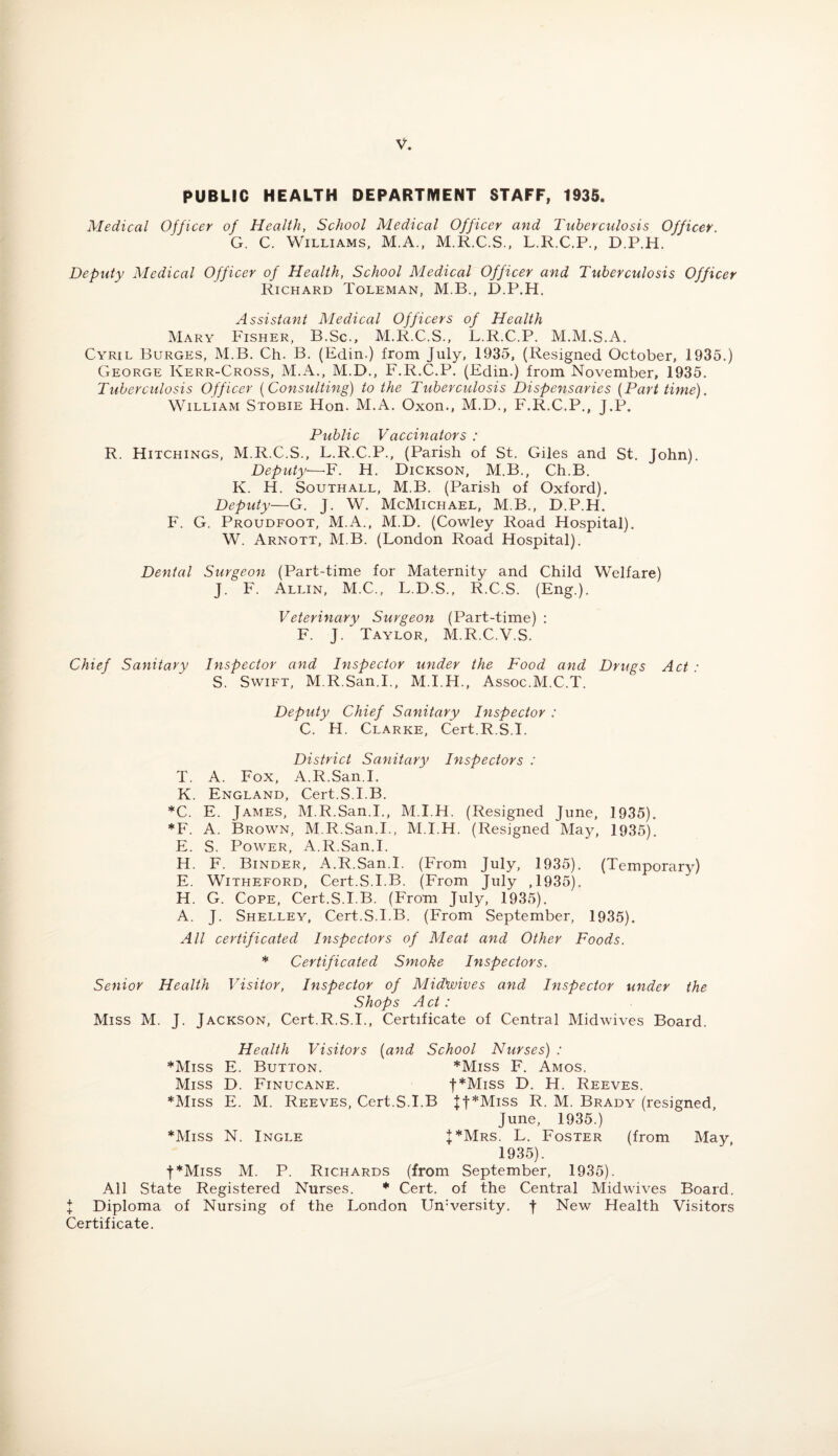V. PUBLIC HEALTH DEPARTMENT STAFF, 1935. Medical Officer of Health, School Medical Officer and Tuberculosis Officer. G. C. Williams, M.A., M.R.C.S., L.R.C.P., D.P.H. Deputy Medical Officer of Health, School Medical Officer and Tuberculosis Officer Richard Toleman, M.B., D.P.H. Assistant Medical Officers of Health Mary Fisher, B.Sc., M.R.C.S., L.R.C.P. M.M.S.A. Cyril Burges, M.B. Ch. B. (Edin.) from July, 1935, (Resigned October, 1935.) George Kerr-Cross, M.A., M.D., F.R.C.P. (Edin.) from November, 1935. Tuberculosis Officer (Consulting) to the Tuberculosis Dispensaries {Part time). William Stobie Hon. M.A. Oxon., M.D., F.R.C.P., J.P. Public Vaccinators : R. Hitchings, M.R.C.S., L.R.C.P., (Parish of St. Giles and St. John). Deputy—F. H. Dickson, M.B., Ch.B. K. H. Southall, M.B. (Parish of Oxford). Deputy—G. J. W. McMichael, M.B., D.P.H. F. G. Proudfoot, M.A., M.D. (Cowley Road Hospital). W. Arnott, M.B. (London Road Hospital). Dental Surgeon (Part-time for Maternity and Child Welfare) J. F. Allin, M.C., L.D.S., R.C.S. (Eng.). Veterinary Surgeon (Part-time) : F. J. Taylor, M.R.C.V.S. Chief Sanitary Inspector and Inspector under the Food and Drugs Act : S. Swift, M R.San.I., M.I.H., Assoc.M.C.T. Deputy Chief Sanitary Inspector : C. H. Clarke, Cert.R.S.I. District Sanitary Inspectors : T. A. Fox, A.R.San.I. K. England, Cert.S.I.B. *C. E. James, M.R.San.I., M.I.H. (Resigned June, 1935). *F. A. Brown, M.R.San.I., M.I.H. (Resigned May, 1935). E. S. Power, A.R.San.I. H. F. Binder, A.R.San.I. (From July, 1935). (Temporary) E. Witheford, Cert.S.I.B. (From July ,1935). H. G. Cope, Cert.S.I.B. (From July, 1935). A. J. Shelley, Cert.S.I.B. (From September, 1935). All certificated Inspectors of Meat and Other Foods. * Certificated Smoke Inspectors. Senior Health Visitor, Inspector of Midhsoives and Inspector under the Shops Act : Miss M. J. Jackson, Cert.R.S.I., Certificate of Central Midwives Board. Health Visitors (and School Nurses) : “Miss E. Button. *Miss F. Amos. Miss D. Finucane. f*Miss D. H. Reeves. *Miss E. M. Reeves, Cert.S.I.B :J:t*Miss R. M. Brady (resigned, June, 1935.) *Miss N. Ingle J*Mrs. L. Foster (from May 1935). |*Miss M. P. Richards (from September, 1935). All State Registered Nurses. * Cert, of the Central Midwives Board. I Diploma of Nursing of the London Un:versity. f New Health Visitors Certificate.