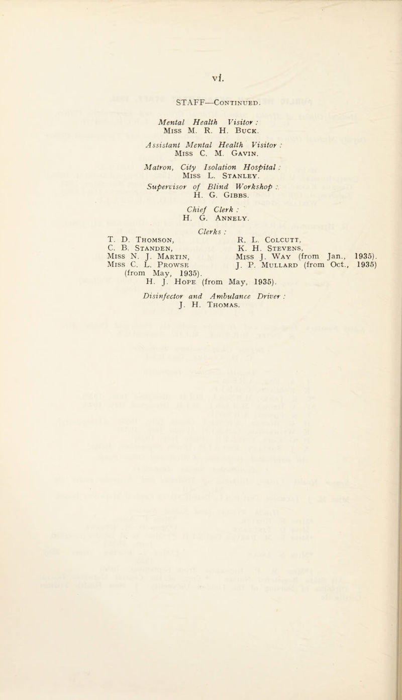 vf. STAFF—Continued. Mental Health Visitor : Miss M. R. H. Buck. Assistant Mental Health Visitor : Miss C. M. Gavin. Matron, City Isolation Hospital: Miss L. Stanley. Supervisor of Blind Workshop : H. G. Gibbs. Chief Clerk : H. G. Annely. Clerks T. D. Thomson, C. B. Standen, Miss N. J. Martin, Miss C. L. Prowse (from May, 1935). H. J. Hope (from R. L. Colcutt, K. H. Stevens, Miss J. Way (from Jan., J. P. Mullard (from Oct., May, 1935). 1935). 1935) Disinfector and Ambulance Driver : J. H. Thomas.