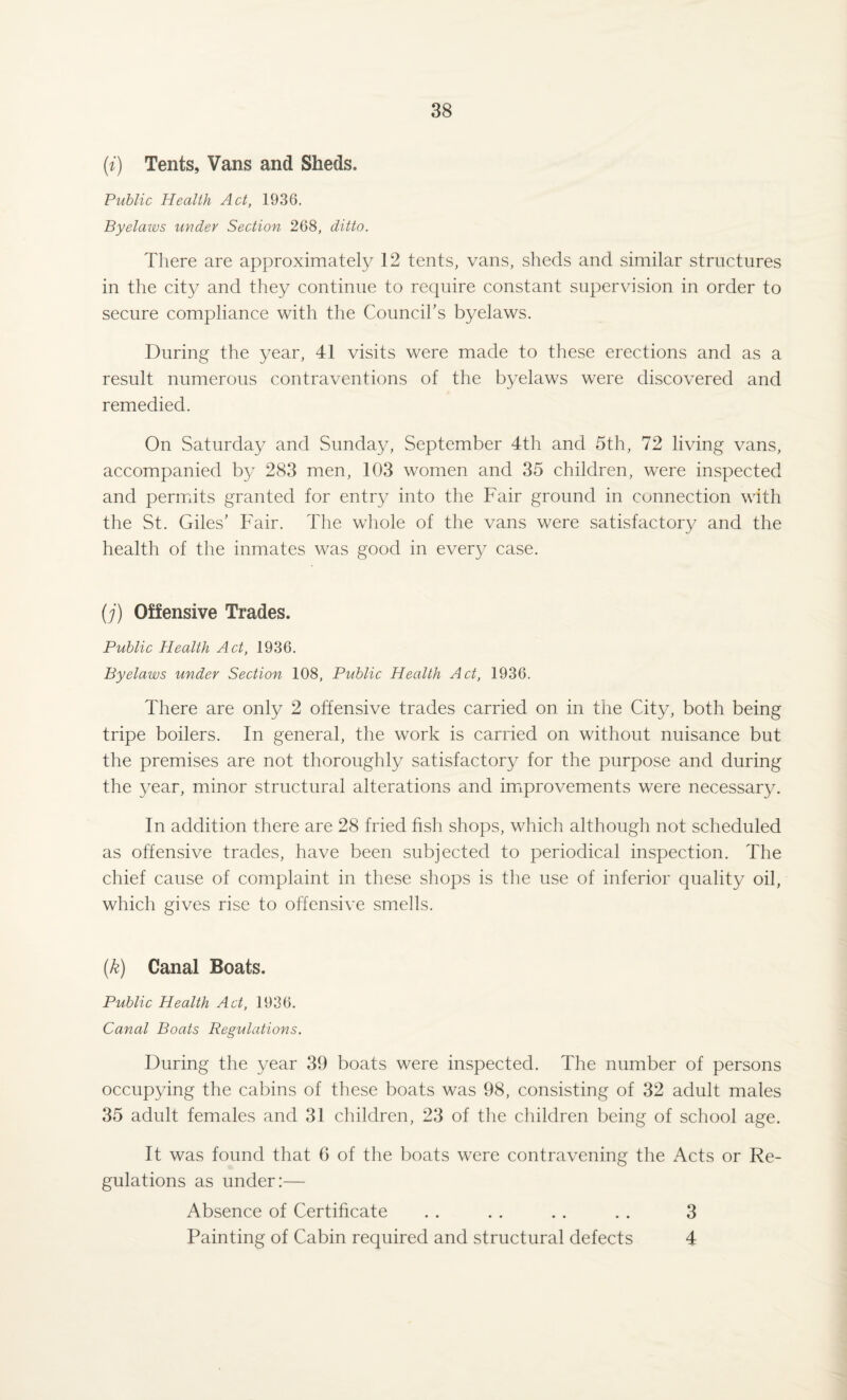 (i) Tents, Vans and Sheds. Public Health Act, 1936. Byelaws under Section 268, ditto. There are approximately 12 tents, vans, sheds and similar structures in the city and they continue to require constant supervision in order to secure compliance with the Council’s byelaws. During the year, 41 visits were made to these erections and as a result numerous contraventions of the byelaws were discovered and remedied. On Saturday and Sunday, September 4th and 5th, 72 living vans, accompanied by 283 men, 103 women and 35 children, were inspected and permits granted for entry into the Fair ground in connection with the St. Giles’ Fair. The whole of the vans were satisfactory and the health of the inmates was good in every case. (j) Offensive Trades. Public Health Act, 1936. Byelaws under Section 108, Public Health Act, 1936. There are only 2 offensive trades carried on in the City, both being tripe boilers. In general, the work is carried on without nuisance but the premises are not thoroughly satisfactory for the purpose and during the year, minor structural alterations and improvements were necessary. In addition there are 28 fried fish shops, which although not scheduled as offensive trades, have been subjected to periodical inspection. The chief cause of complaint in these shops is the use of inferior quality oil, which gives rise to offensive smells. (k) Canal Boats. Public Health Act, 1936. Canal Boats Regulations. During the year 39 boats were inspected. The number of persons occupying the cabins of these boats was 98, consisting of 32 adult males 35 adult females and 31 children, 23 of the children being of school age. It was found that 6 of the boats were contravening the Acts or Re¬ gulations as under:— Absence of Certificate . . .. .. . . 3 Painting of Cabin required and structural defects 4