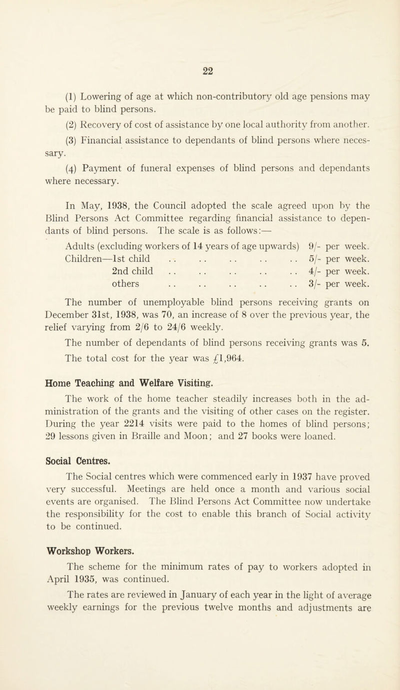 (1) Lowering of age at which non-contributory old age pensions may be paid to blind persons. (2) Recovery of cost of assistance by one local authority from another. (3) Financial assistance to dependants of blind persons where neces- * sary. (4) Payment of funeral expenses of blind persons and dependants where necessary. In May, 1938, the Council adopted the scale agreed upon by the Blind Persons Act Committee regarding financial assistance to depen¬ dants of blind persons. The scale is as follows:— Adults (excluding workers of 14 years of age upwards) 9/- per week. Children—1st child . . . . . . . . 5/- per week. 2nd child . . .. . . . . 4/- per week, others .. .. . . . . 3/- per week. The number of unemployable blind persons receiving grants on December 31st, 1938, was 70, an increase of 8 over the previous year, the relief varying from 2/6 to 24/6 weekly. The number of dependants of blind persons receiving grants was 5. The total cost for the year was £1,964. Home Teaching and Welfare Visiting, The work of the home teacher steadily increases both in the ad¬ ministration of the grants and the visiting of other cases on the register. During the year 2214 visits were paid to the homes of blind persons; 29 lessons given in Braille and Moon; and 27 books were loaned. Social Centres. The Social centres which were commenced early in 1937 have proved very successful. Meetings are held once a month and various social events are organised. The Blind Persons Act Committee now undertake the responsibility for the cost to enable this branch of Social activity to be continued. Workshop Workers. The scheme for the minimum rates of pay to workers adopted in April 1935, was continued. The rates are reviewed in January of each year in the light of average weekly earnings for the previous twelve months and adjustments are