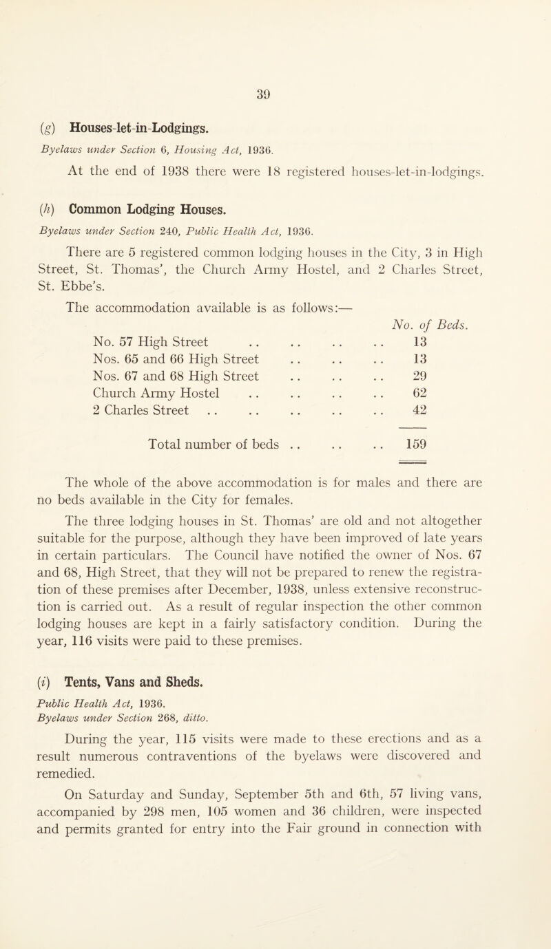 (g) Houses-let-in-Lodgings. Byelaws under Section 6, Housing Act, 1936. At the end of 1938 there were 18 registered houses-let-in-lodgings. (h) Common Lodging Houses. Byelaws under Section 240, Public Health Act, 1936. There are 5 registered common lodging houses in the City, 3 in High Street, St. Thomas’, the Church Army Hostel, and 2 Charles Street, St. Ebbe’s. The accommodation available is as follows:— No. of Beds. No. 57 High Street .. .. .. .. 13 Nos. 65 and 66 High Street . . .. . . 13 Nos. 67 and 68 High Street .. . . . . 29 Church Army Hostel .. .. . . . . 62 2 Charles Street .. .. .. .. .. 42 Total number of beds .. .. .. 159 The whole of the above accommodation is for males and there are no beds available in the City for females. The three lodging houses in St. Thomas’ are old and not altogether suitable for the purpose, although they have been improved of late years in certain particulars. The Council have notified the owner of Nos. 67 and 68, High Street, that they will not be prepared to renew the registra¬ tion of these premises after December, 1938, unless extensive reconstruc¬ tion is carried out. As a result of regular inspection the other common lodging houses are kept in a fairly satisfactory condition. During the year, 116 visits were paid to these premises. (i) Tents, Vans and Sheds. Public Health Act, 1936. Byelaws under Section 268, ditto. During the year, 115 visits were made to these erections and as a result numerous contraventions of the byelaws were discovered and remedied. On Saturday and Sunday, September 5th and 6th, 57 living vans, accompanied by 298 men, 105 women and 36 children, were inspected and permits granted for entry into the Fair ground in connection with