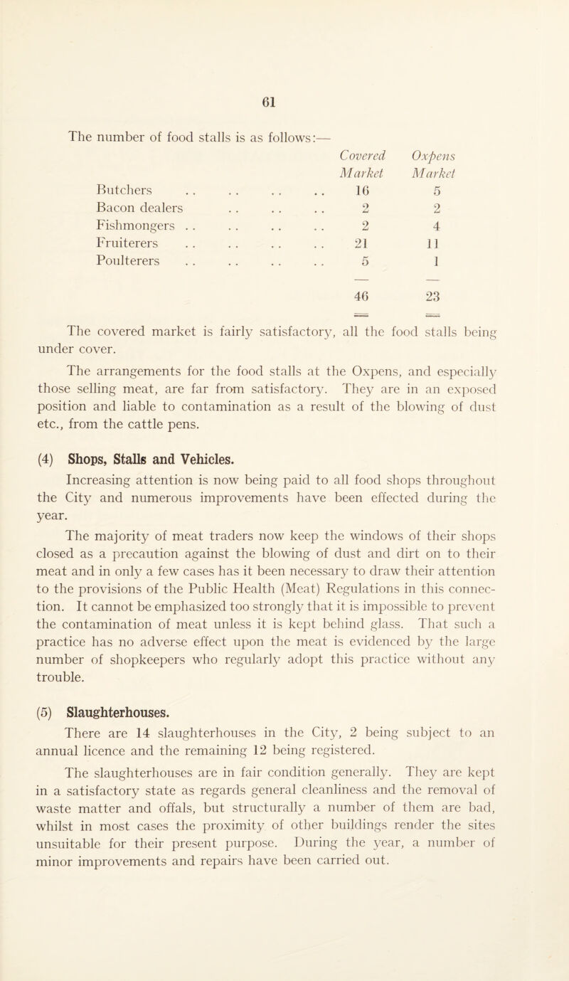 number of food stalls is as follows:— Covered Oxpens M arket M arket Butchers 16 5 Bacon dealers 2 2 Fishmongers 2 4 Fruiterers 21 11 Poulterers 5 1 46 23 The covered market is fairly satisfactory, all the food stalls being under cover. The arrangements for the food stalls at the Oxpens, and especially those selling meat, are far from satisfactory. They are in an exposed position and liable to contamination as a result of the blowing of dust etc., from the cattle pens. (4) Shops, Stalls and Vehicles. Increasing attention is now being paid to all food shops throughout the City and numerous improvements have been effected during the year. The majority of meat traders now keep the windows of their shops closed as a precaution against the blowing of dust and dirt on to their meat and in only a few cases has it been necessary to draw their attention to the provisions of the Public Health (Meat) Regulations in this connec¬ tion. It cannot be emphasized too strongly that it is impossible to prevent the contamination of meat unless it is kept behind glass. That such a practice has no adverse effect upon the meat is evidenced by the large number of shopkeepers who regularly adopt this practice without any trouble. (5) Slaughterhouses. There are 14 slaughterhouses in the City, 2 being subject to an annual licence and the remaining 12 being registered. The slaughterhouses are in fair condition generally. They are kept in a satisfactory state as regards general cleanliness and the removal of waste matter and offals, but structurally a number of them are bad, whilst in most cases the proximity of other buildings render the sites unsuitable for their present purpose. During the year, a number of minor improvements and repairs have been carried out.