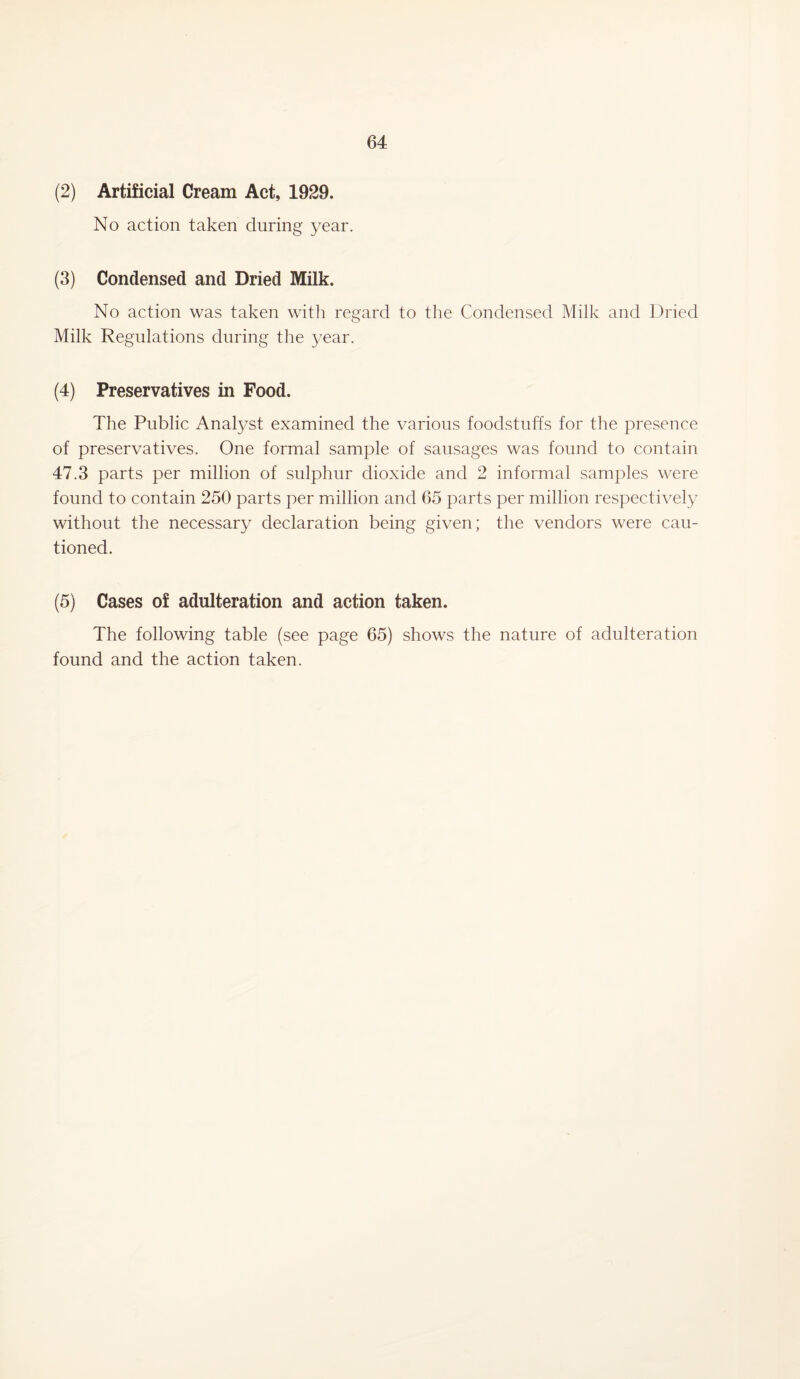(2) Artificial Cream Act, 1929. No action taken during year. (3) Condensed and Dried Milk. No action was taken with regard to the Condensed Milk and Dried Milk Regulations during the year. (4) Preservatives in Food. The Public Analyst examined the various foodstuffs for the presence of preservatives. One formal sample of sausages was found to contain 47.3 parts per million of sulphur dioxide and 2 informal samples were found to contain 250 parts per million and 65 parts per million respectively without the necessary declaration being given; the vendors were cau¬ tioned. (5) Cases of adulteration and action taken. The following table (see page 65) shows the nature of adulteration found and the action taken.
