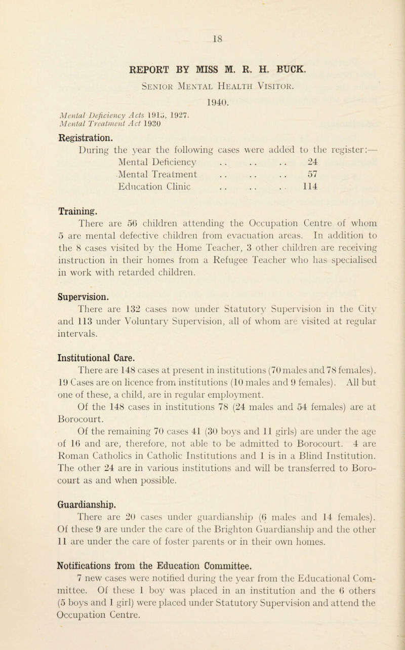 REPORT BY MISS M. R. H. BUCK. Senior Mental Health Visitor. 1940. Mental Deficiency Acts 1913, 1927. Mental Treatment Act 1930 Registration. During the year the following cases were added to the register:— Mental Deficiency . . . . . . 24 Mental Treatment . . . . . . 57 Education Clinic . . . . . . 114 Training. There are 56 children attending the Occupation Centre of whom 5 are mental defective children from evacuation areas. In addition to the 8 cases visited by the Home Teacher, 3 other children are receiving instruction in their homes from a Refugee Teacher who has specialised in work with retarded children. Supervision. There are 132 cases now under Statutory Supervision in the City and 113 under Voluntary Supervision, all of whom are visited at regular intervals. Institutional Care. There are 148 cases at present in institutions (70males and 78 females). 19 Cases are on licence from institutions (10 males and 9 females). All but one of these, a child, are in regular employment. Of the 148 cases in institutions 78 (24 males and 54 females) are at Borocourt. Of the remaining 70 cases 41 (30 boys and 11 girls) are under the age of 16 and are, therefore, not able to be admitted to Borocourt. 4 are Roman Catholics in Catholic Institutions and 1 is in a Blind Institution. The other 24 are in various institutions and will be transferred to Boro¬ court as and when possible. Guardianship. There are 20 cases under guardianship (6 males and 14 females). Of these 9 are under the care of the Brighton Guardianship and the other 11 are under the care of foster parents or in their own homes. Notifications from the Education Committee. 7 new cases were notified during the year from the Educational Com¬ mittee. Of these 1 boy was placed in an institution and the 6 others (5 boys and 1 girl) were placed under Statutory Supervision and attend the Occupation Centre.