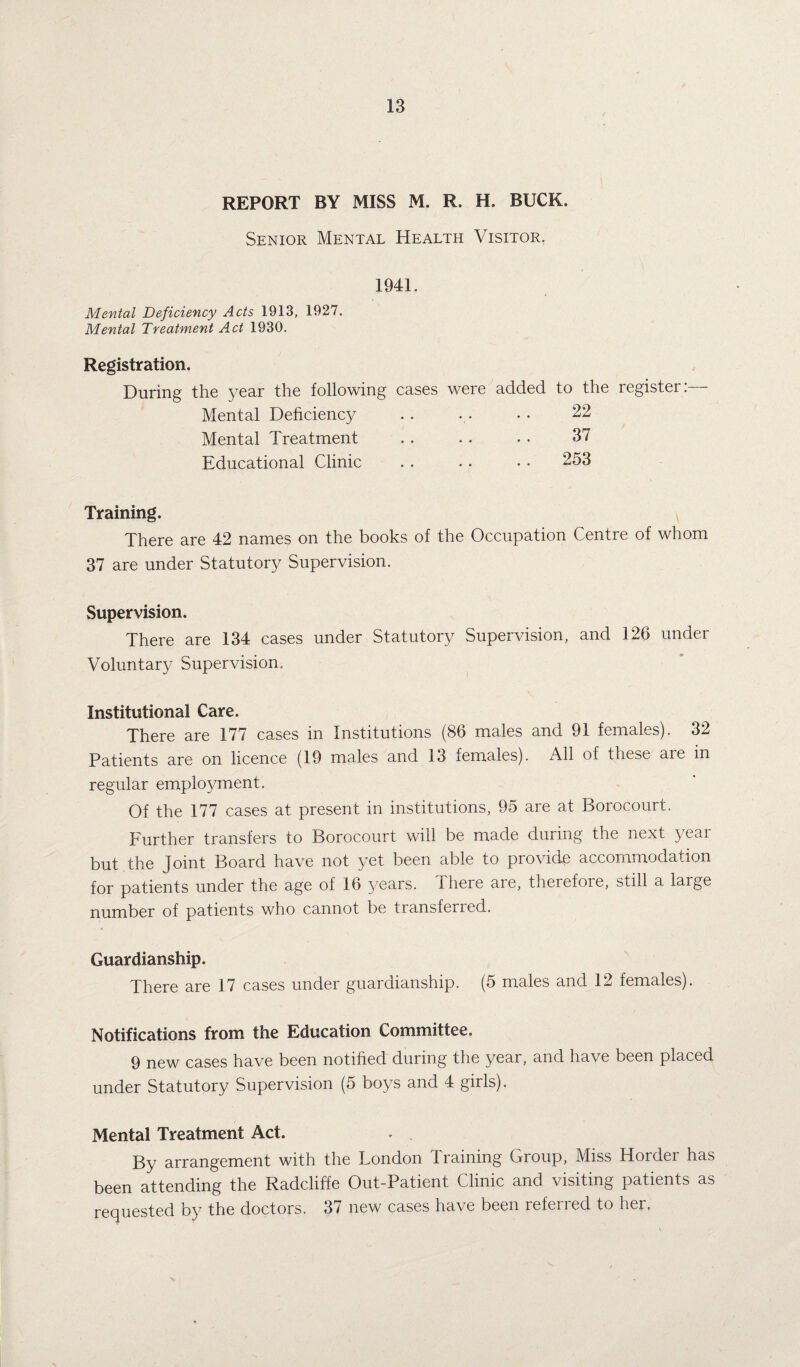 REPORT BY MISS M. R. H. BUCK. Senior Mental Health Visitor, 1941. Mental Deficiency Acts 1913, 1927. Mental Treatment Act 1930. Registration. During the year the following cases were added to the register:— Mental Deficiency .. •• 22 Mental Treatment . . . . • • 37 Educational Clinic . . .. • • 253 Training. There are 42 names on the books of the Occupation Centre of whom 37 are under Statutory Supervision. Supervision. There are 134 cases under Statutory Supervision, and 126 under Voluntary Supervision. Institutional Care. There are 177 cases in Institutions (86 males and 91 females). 32 Patients are on licence (19 males and 13 females). All of these are in regular employment. Of the 177 cases at present in institutions, 95 are at Borocourt. Further transfers to Borocourt will be made during the next year but the Joint Board have not yet been able to provide accommodation for patients under the age of 16 years. There are, therefore, still a large number of patients who cannot be tiansferied. Guardianship. There are 17 cases under guardianship. (5 males and 12 females). Notifications from the Education Committee. 9 new cases have been notified during the year, and have been placed under Statutory Supervision (5 boys and 4 girls). Mental Treatment Act. . , By arrangement with the London Training Group, Miss Horder has been attending the Radcliffe Out-Patient Clinic and visiting patients as requested by the doctors. 37 new cases have been refened to her.