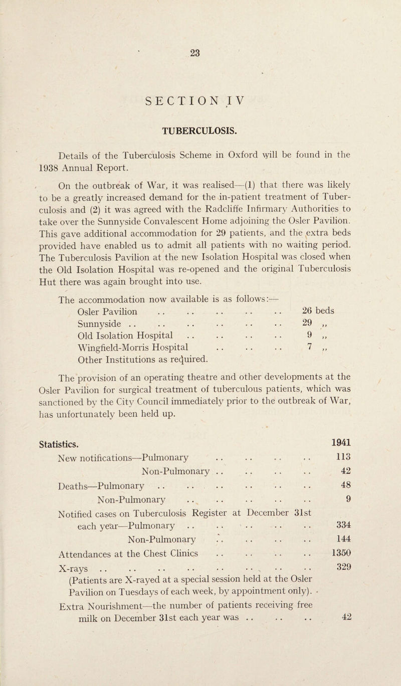 SECTION IV * TUBERCULOSIS. Details of the Tuberculosis Scheme in Oxford will be found in the 1938 Annual Report. On the outbreak of War, it was realised—(1) that there was likely to be a greatly increased demand for the in-patient treatment of Tuber¬ culosis and (2) it was agreed with the Radcliffe Infirmary Authorities to take over the Sunnyside Convalescent Home adjoining the Osier Pavilion. This gave additional accommodation for 29 patients, and the <extra beds provided have enabled us to admit all patients with no waiting period. The Tuberculosis Pavilion at the new Isolation Hospital was closed when the Old Isolation Hospital was re-opened and the original Tuberculosis Hut there was again brought into use. The accommodation now available is as follows:— Osier Pavilion . . . . .. • • .. 26 beds Sunnyside .. .. . . • • • . • • 29 ,, Old Isolation Hospital . . . . . . . . 9 ,, Wingfield-Morris Hospital . . . . . . 7 ,, Other Institutions as required. The provision of an operating theatre and other developments at the Osier Pavilion for surgical treatment of tuberculous patients, which was sanctioned by the City Council immediately prior to the outbreak of War, has unfortunately been held up. Statistics. New notifications—Pulmonary Non-Pulmonary Deaths—Pulmonary .. .... Non-Pulmonary Notified cases on Tuberculosis Register at December 31st each year—Pulmonary Non-Pulmonary Attendances at the Chest Clinics X-rays (Patients are X-rayed at a special session held at the Osier Pavilion on Tuesdays of each week, by appointment only). . Extra Nourishment—the number of patients receiving free milk on December 31st each year was .. 1941 113 42 48 9 334 144 1350 329 42