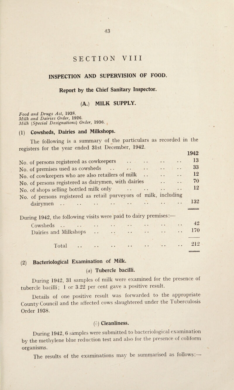 SECTION VIII INSPECTION AND SUPERVISION OF FOOD. Report by the Chief Sanitary Inspector. (A.) MILK SUPPLY. Food and Drugs Act, 1938. Milk and Dairies Order, 1926. Milk (Special Designations) Order, 1936. (1) Cowsheds, Dairies and Milkshops. The following is a summary of the particulars as recorded in the registers for the year ended 31st December, 1942. 1942 13 33 12 70 12 No. of persons registered as cowkeepers No. of premises used as cowsheds No. of cowkeepers who are also retailers of milk No. of persons registered as dairymen, with dairies No. of shops selling bottled milk only No. of persons registered as retail purveyors of milk, including dairymen During 1942, the following visits were paid to dairy premises:— Cowsheds Dairies and Milkshops 132 42 170 Total 212 (2) Bacteriological Examination of Milk. (a) Tubercle bacilli. During 1942, 31 samples of milk were examined for the presence of tubercle bacilli; 1 or 3.22 per cent gave a positive result. Details of one positive result was forwarded to the appropriate County Council and the affected cows slaughtered under the Tuberculosis Order 1938. (b) Cleanliness. During 1942, 6 samples were submitted to bacteriological examination by the methylene blue reduction test and also for the presence of coliform organisms. The results of the examinations may be summarised as follows;—-