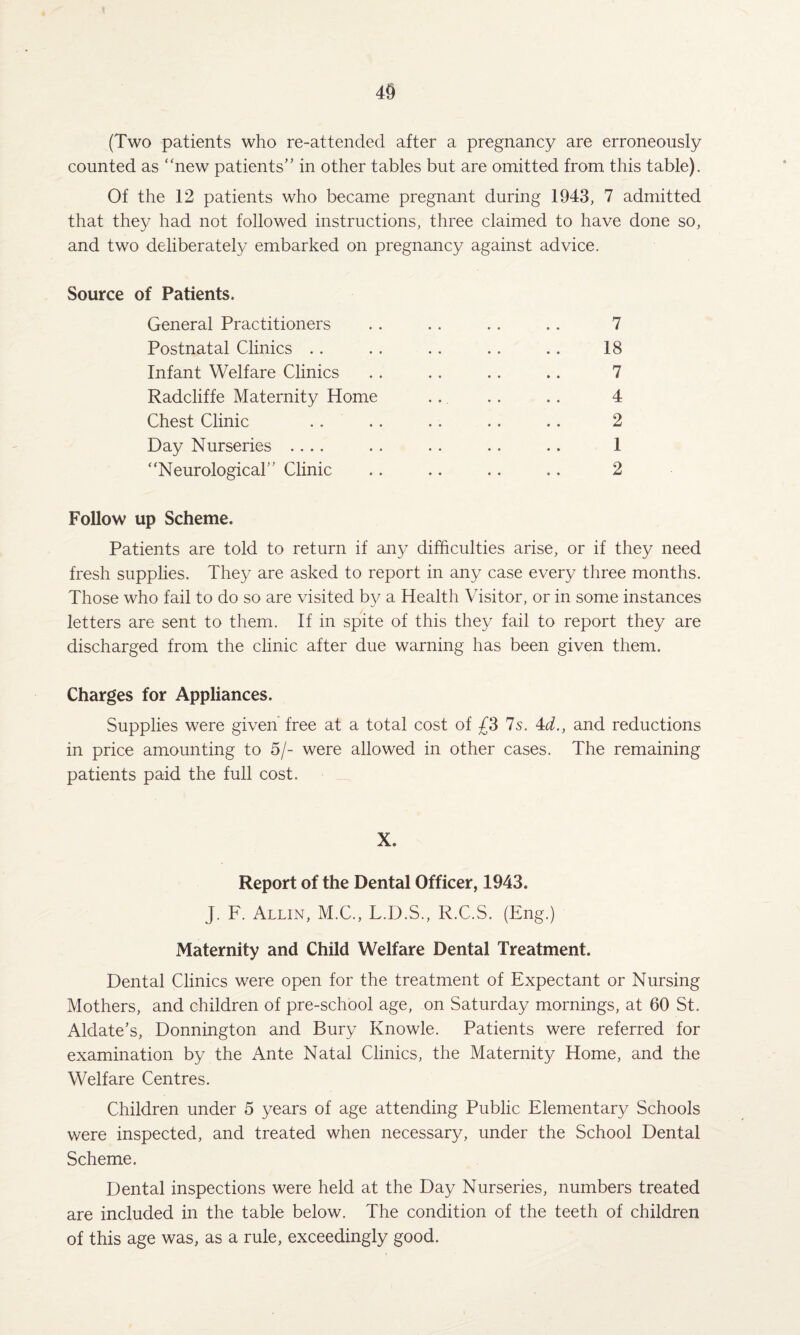 4§ (Two patients who re-attended after a pregnancy are erroneously counted as “new patients” in other tables but are omitted from this table). Of the 12 patients who became pregnant during 1943, 7 admitted that they had not followed instructions, three claimed to have done so, and two deliberately embarked on pregnancy against advice. Source of Patients. General Practitioners .. .. .. .. 7 Postnatal Clinics . . . . .. .. .. 18 Infant Welfare Clinics .. .. .. .. 7 Radcliffe Maternity Home ... .. .. 4 Chest Clinic .. .. .. .. .. 2 Day Nurseries .... . . . . .. .. 1 “Neurological” Clinic .. .. .. .. 2 Follow up Scheme. Patients are told to return if any difficulties arise, or if they need fresh supplies. They are asked to report in any case every three months. Those who fail to do so are visited by a Health Visitor, or in some instances letters are sent to them. If in spite of this they fail to report they are discharged from the clinic after due warning has been given them. Charges for Appliances. Supplies were given free at a total cost of £3 7s. 4d., and reductions in price amounting to 5/- were allowed in other cases. The remaining patients paid the full cost. X. Report of the Dental Officer, 1943. J. F. Allin, M.C., L.D.S., R.C.S. (Eng.) Maternity and Child Welfare Dental Treatment. Dental Clinics were open for the treatment of Expectant or Nursing Mothers, and children of pre-school age, on Saturday mornings, at 60 St. Aldate’s, Donnington and Bury Knowle. Patients were referred for examination by the Ante Natal Clinics, the Maternity Home, and the Welfare Centres. Children under 5 years of age attending Public Elementary Schools were inspected, and treated when necessary, under the School Dental Scheme. Dental inspections were held at the Day Nurseries, numbers treated are included in the table below. The condition of the teeth of children of this age was, as a rule, exceedingly good.
