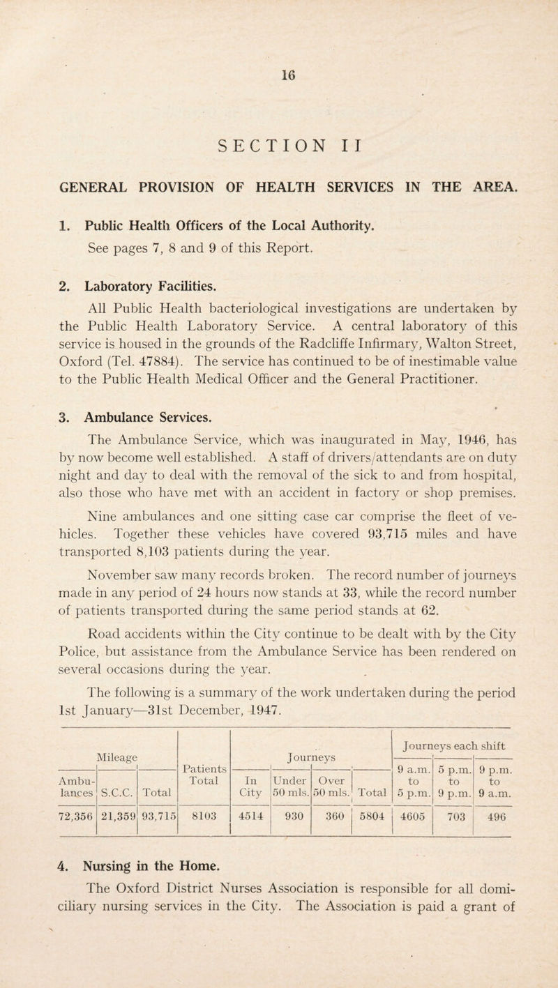 SECTION II GENERAL PROVISION OF HEALTH SERVICES IN THE AREA. 1. Public Health Officers of the Local Authority. See pages 7, 8 and 9 of this Report. 2. Laboratory Facilities. All Public Health bacteriological investigations are undertaken by the Public Health Laboratory Service. A central laboratory of this service is housed in the grounds of the Radcliffe Infirmary, Walton Street, Oxford (Tel. 47884). The service has continued to be of inestimable value to the Public Health Medical Officer and the General Practitioner. ♦ 3. Ambulance Services. The Ambulance Service, which was inaugurated in May, 1946, has by now become well established. A staff of drivers/attendants are on duty night and day to deal with the removal of the sick to and from hospital, also those who have met with an accident in factory or shop premises. Nine ambulances and one sitting case car comprise the fleet of ve¬ hicles. Together these vehicles have covered 93,715 miles and have transported 8,103 patients during the year. November saw many records broken. The record number of journeys made in any period of 24 hours now stands at 33, while the record number of patients transported during the same period stands at 62. Road accidents within the City continue to be dealt with by the City Police, but assistance from the Ambulance Service has been rendered on several occasions during the year. The following is a summary of the work undertaken during the period 1st January—31st December, 1947. Patients Total Journ eys each shift ( i , 9 a.m. to 5 p.m. 5 p.m. to 9 p.m. 9 p.m. to 9 a.m. Ambu¬ lances s.c.c. Total In City Under 50 mis. Over 50 mis. Total 72,356 21,359 93,715 8103 4514 930 360 5804 4605 703 496 4. Nursing in the Home. The Oxford District Nurses Association is responsible for all domi¬ ciliary nursing services in the City. The Association is paid a grant of