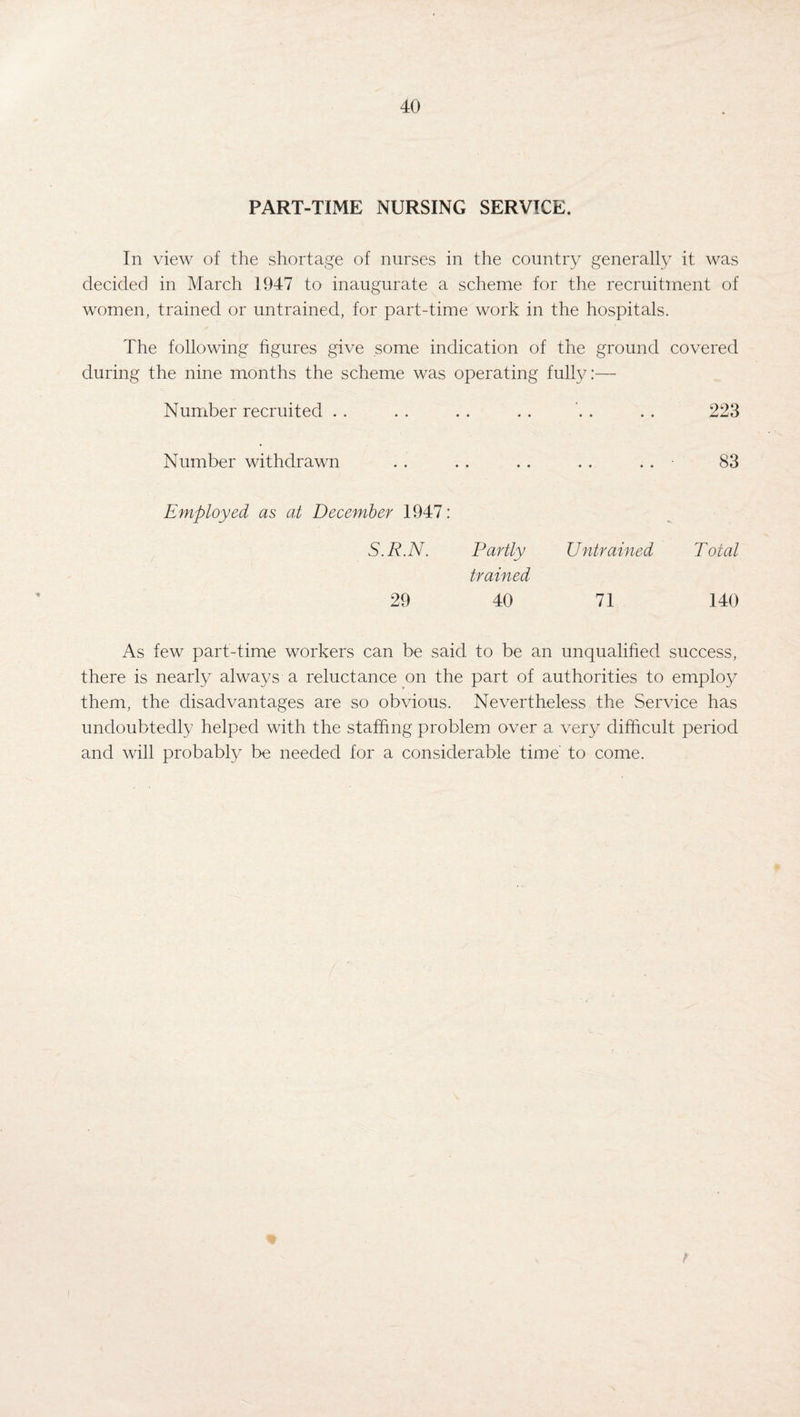 PART-TIME NURSING SERVICE. In view of the shortage of nurses in the country generally it was decided in March 1947 to inaugurate a scheme for the recruitment of women, trained or untrained, for part-time work in the hospitals. The following figures give some indication of the ground covered during the nine months the scheme was operating fully:— Number recruited • • • • 223 Number withdrawn • • • • .. .. 83 Employed as at December 1947: S.R.N. Partly trained Untrained Total 29 40 71 140 As few part-time workers can be said to be an unqualified success, there is nearly always a reluctance on the part of authorities to employ them, the disadvantages are so obvious. Nevertheless the Service has undoubtedly helped with the staffing problem over a very difficult period and will probably be needed for a considerable time to come. ■ f
