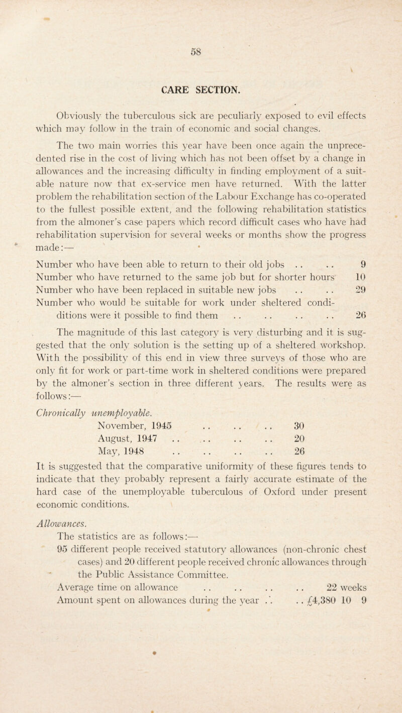 CARE SECTION. Obviously the tuberculous sick are peculiarly exposed to evil effects which may follow in the train of economic and social changes. The two main worries this year have been once again the unprece¬ dented rise in the cost of living which has not been offset by a change in allowances and the increasing difficult}/ in finding employment of a suit¬ able nature now that ex-service men have returned. With the latter problem the rehabilitation section of the Labour Exchange has co-operated to the fullest possible ext'ent, and the following rehabilitation statistics from the almoner’s case papers which record difficult cases who have had rehabilitation supervision for several weeks or months show the progress made: — Number who have been able to return to their old jobs . . . . 9 Number who have returned to the same job but for shorter hours 10 Number who have been replaced in suitable new jobs . . . . 29 Number who would be suitable for work under sheltered condi- ditions were it possible to find them . . . . . . . . 26 The magnitude of this last category is very disturbing and it is sug¬ gested that the only solution is the setting up of a sheltered workshop. With the possibility of this end in view three surveys of those who are only fit for work or part-time work in sheltered conditions were prepared by the almoner’s section in three different years. The results were as follows:— Chronically unemployable. November, 1945 .. .. .. 30 August, 1947 .. . . . . . . 20 May, 1948 .. . . .. . . 26 It is suggested that the comparative uniformity of these figures tends to indicate that they probably represent a fairly accurate estimate of the hard case of the unemployable tuberculous of Oxford under present economic conditions. Allowances. The statistics are as follows:—- 95 different people received statutory allowances (non-chronic chest cases) and 20 different people received chronic allowances through the Public Assistance Committee. Average time on allowance . . .. . . .. 22 weeks Amount spent on allowances during the year .'. ..£4,380 10 9