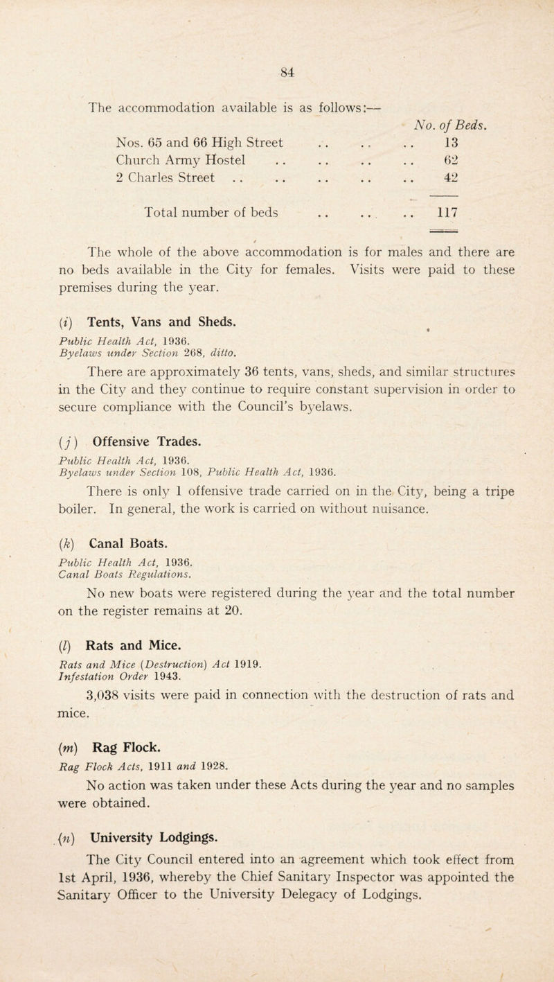 The accommodation available is as follows:— No. of Beds. Nos. 65 and 66 High Street . . .. . . 13 Church Army Hostel . . . . . . . . 62 2 Charles Street .. .. .. .. .. 42 Total number of beds .. .., .. 117 The whole of the above accommodation is for males and there are no beds available in the City for females. Visits were paid to these premises during the year. (i) Tents, Vans and Sheds. Public Health Act, 1936. Byelaws under Section 268, ditto. There are approximately 36 tents, vans, sheds, and similar structures in the City and they continue to require constant supervision in order to secure compliance with the Council’s byelaws. (j) Offensive Trades. Public Health Act, 1936. Byelaws under Section 108, Public Health Act, 1936. There is only 1 offensive trade carried on in the City, being a tripe boiler. In general, the work is carried on without nuisance. (k) Canal Boats, Public Health Act, 1936. Canal Boats Regulations. No new boats were registered during the year and the total number on the register remains at 20. (/) Rats and Mice. Rats and Mice (Destruction) Act 1919. Infestation Order 1943. 3,038 visits were paid in connection with the destruction of rats and mice. (m) Rag Flock. Rag Flock Acts, 1911 and 1928. No action was taken under these Acts during the year and no samples were obtained. (n) University Lodgings. The City Council entered into an agreement which took effect from 1st April, 1936, whereby the Chief Sanitary Inspector was appointed the Sanitary Officer to the University Delegacy of Lodgings.