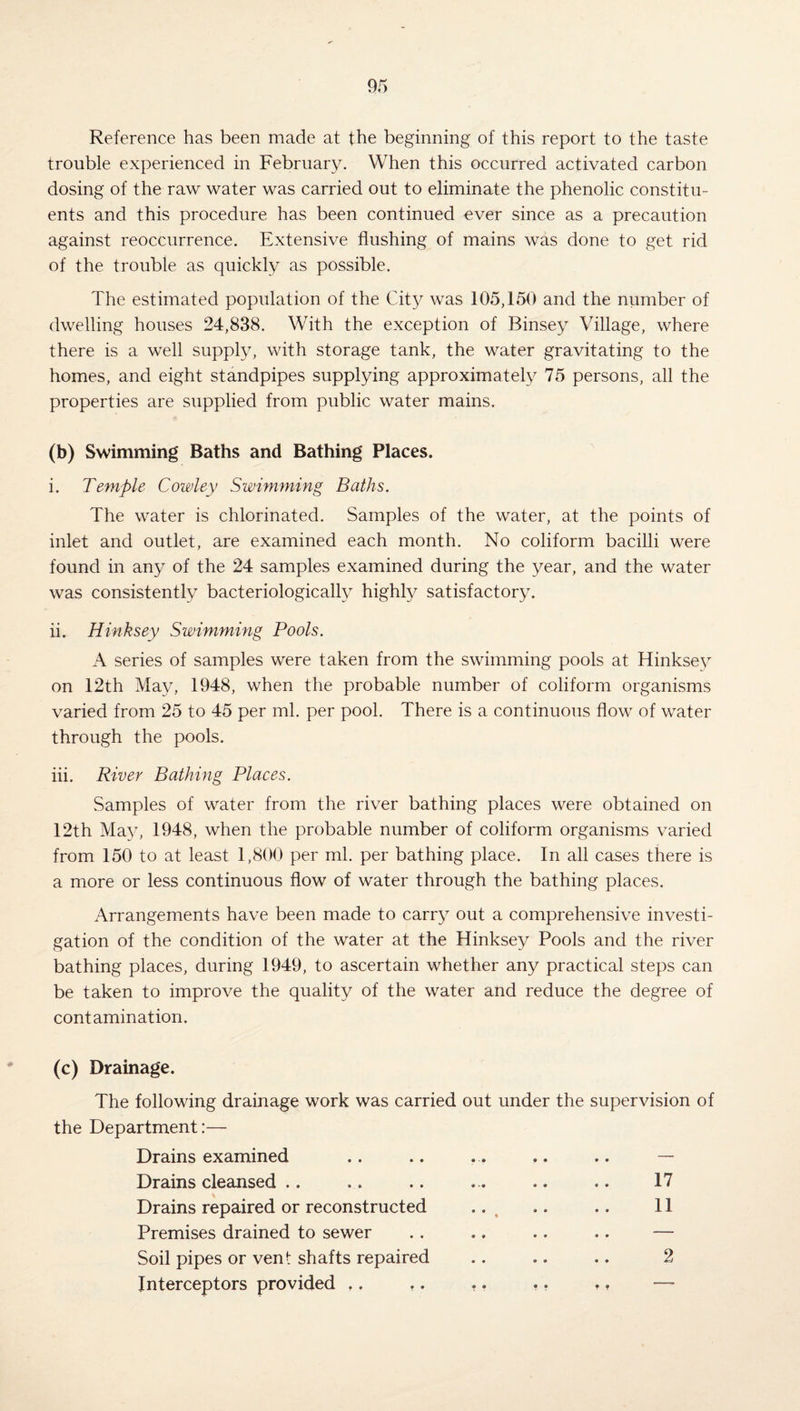 Reference has been made at the beginning of this report to the taste trouble experienced in February. When this occurred activated carbon dosing of the raw water was carried out to eliminate the phenolic constitu¬ ents and this procedure has been continued ever since as a precaution against reoccurrence. Extensive flushing of mains was done to get rid of the trouble as quickly as possible. The estimated population of the City was 105,150 and the number of dwelling houses 24,838. With the exception of Binsey Village, where there is a well supply, with storage tank, the water gravitating to the homes, and eight standpipes supplying approximately 75 persons, all the properties are supplied from public water mains. (b) Swimming Baths and Bathing Places. i. Temple Cowley Swimming Baths. The water is chlorinated. Samples of the water, at the points of inlet and outlet, are examined each month. No coliform bacilli were found in any of the 24 samples examined during the year, and the water was consistently bacteriologically highly satisfactory. ii. Hinksey Swimming Pools. A series of samples were taken from the swimming pools at Hinksey on 12th May, 1948, when the probable number of coliform organisms varied from 25 to 45 per ml. per pool. There is a continuous flow of water through the pools. iii. River Bathing Places. Samples of water from the river bathing places were obtained on 12th May, 1948, when the probable number of coliform organisms varied from 150 to at least 1,800 per ml. per bathing place. In all cases there is a more or less continuous flow of water through the bathing places. Arrangements have been made to carry out a comprehensive investi¬ gation of the condition of the water at the Hinksey Pools and the river bathing places, during 1949, to ascertain whether any practical steps can be taken to improve the quality of the water and reduce the degree of contamination. (c) Drainage. The following drainage work was carried out under the supervision of the Department:— Drains examined .. .. .. .. .. — Drains cleansed .. .. .. ... .. .. 17 Drains repaired or reconstructed .. .. .. 11 Premises drained to sewer .. .. .. .. — Soil pipes or vent shafts repaired .. .. .. 2 Interceptors provided t. .. .. .. ., —