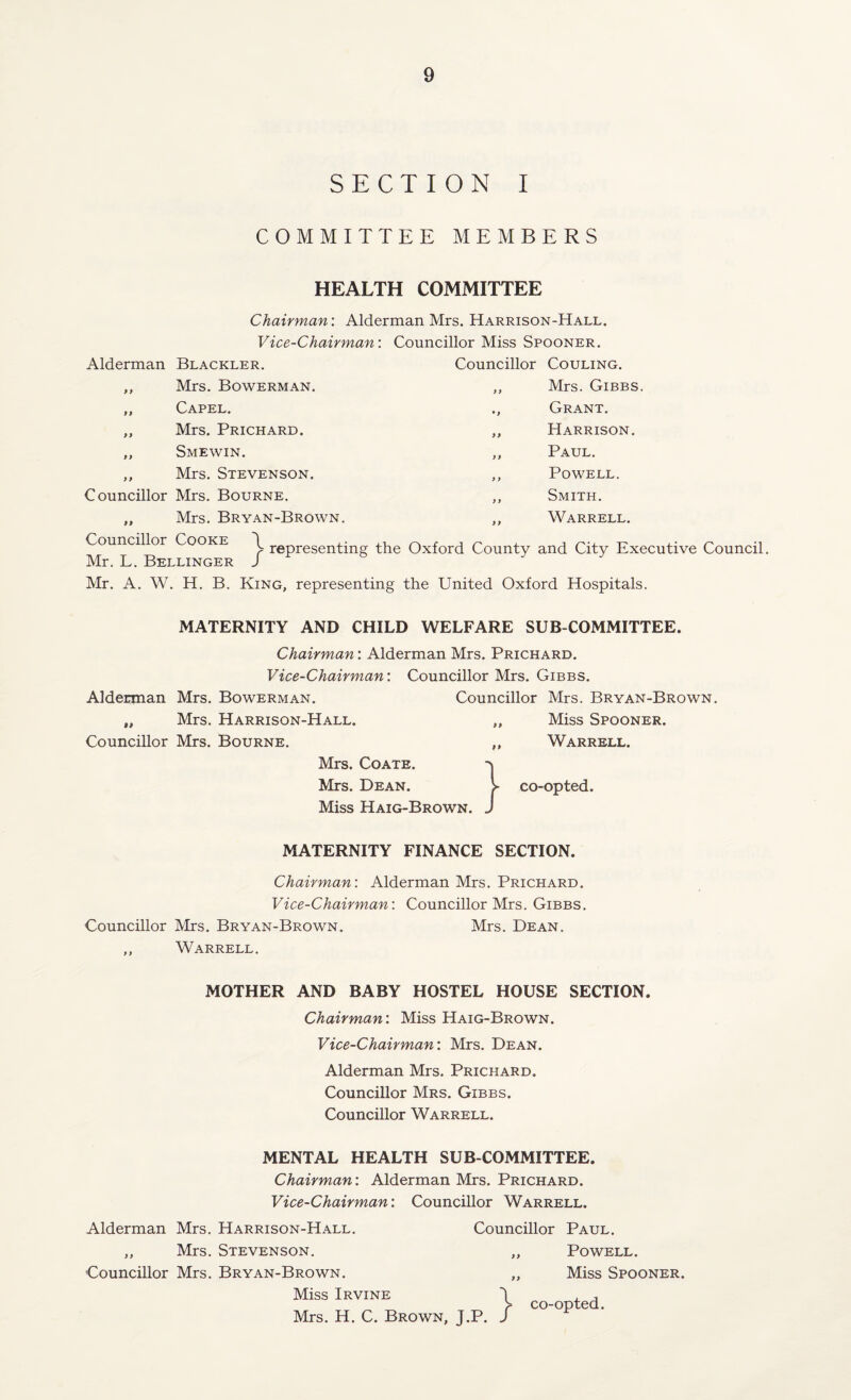 SECTION I COMMITTEE MEMBERS HEALTH COMMITTEE Chairman: Alderman Mrs. Harrison-Hall. Vice-Chairman: Councillor Miss Spooner. Alderman Blackler. Mrs. Bowerman. Capel. Mrs. Prichard. Smewin. Mrs. Stevenson. Councillor Mrs. Bourne. „ Mrs. Bryan-Brown. Councillor Cooke \ Mr. L. Bellinger / Mr. A. W. H. B. King, representing the United Oxford Hospitals. Councillor Couling. „ Mrs. Gibbs. Grant. „ Harrison. ,, Paul. ,, Powell. ,, Smith. ,, Warrell. representing the Oxford County and City Executive Council. MATERNITY AND CHILD WELFARE SUB COMMITTEE. Chairman: Alderman Mrs. Prichard. Vice-Chairman: Councillor Mrs. Gibbs. Alderman Mrs. Bowerman. „ Mrs. Harrison-Hall. Councillor Mrs. Bourne. Mrs. Coate. Mrs. Dean. Miss Haig-Brown Councillor Mrs. Bryan-Brown. „ Miss Spooner. ,, Warrell. co-opted. MATERNITY FINANCE SECTION. Chairman: Alderman Mrs. Prichard. Vice-Chairman: Councillor Mrs. Gibbs. Councillor Mrs. Bryan-Brown. Mrs. Dean. „ Warrell. MOTHER AND BABY HOSTEL HOUSE SECTION. Chairman: Miss Haig-Brown. Vice-Chairman: Mrs. Dean. Alderman Mrs. Prichard. Councillor Mrs. Gibbs. Councillor Warrell. MENTAL HEALTH SUB COMMITTEE. Chairman: Alderman Mrs. Prichard. Vice-Chairman: Councillor Warrell. Alderman Mrs. Harrison-Hall. ,, Mrs. Stevenson. Councillor Mrs. Bryan-Brown. Miss Irvine Mrs. H. C. Brown, J Councillor Paul. „ Powell. „ Miss Spooner. } co-opted.