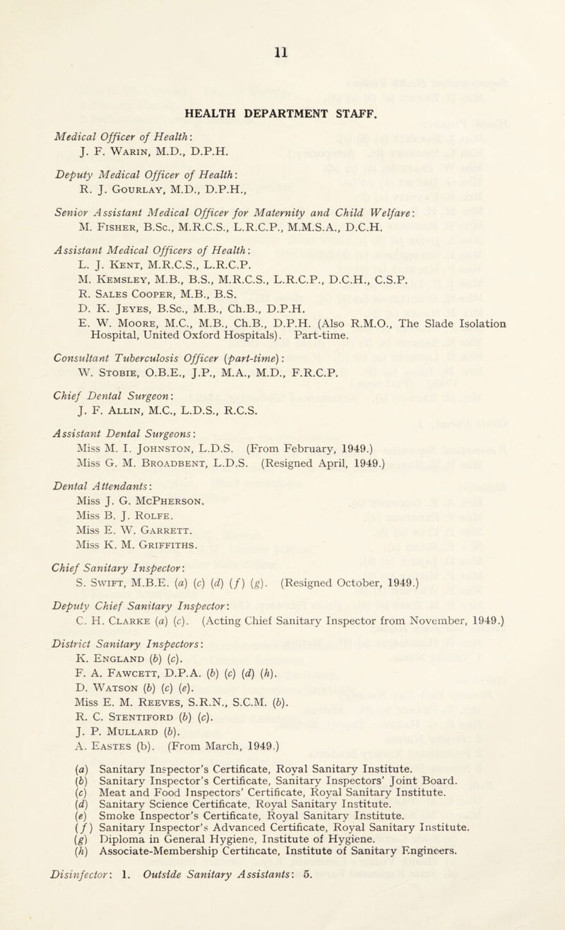 HEALTH DEPARTMENT STAFF. Medical Officer of Health: J. F. Warin, M.D., D.P.H. Deputy Medical Officer of Health: R. J. Gourlay, M.D., D.P.H., Senior Assistant Medical Officer for Maternity and Child Welfare: M. Fisher, B.Sc., M.R.C.S., L.R.C.P., M.M.S.A., D.C.H. Assistant Medical Officers of Health: L. J. Kent, M.R.C.S., L.R.C.P. M. Kemsley, M.B., B.S., M.R.C.S., L.R.C.P., D.C.H., C.S.P. R. Sales Cooper, M.B., B.S. D. K. Jeyes, B.Sc., M.B., Ch.B., D.P.H. E. W. Moore, M.C., M.B., Ch.B., D.P.H. (Also R.M.O., The Slade Isolation Hospital, United Oxford Hospitals). Part-time. Consultant Tuberculosis Officer (part-time): W. Stobie, O.B.E., J.P., M.A., M.D., F.R.C.P. Chief Dental Surgeon: J. F. Allin, M.C., L.D.S., R.C.S. Assistant Dental Surgeons: Miss M. I. Johnston, L.D.S. (From February, 1949.) Miss G. M. Broadbent, L.D.S. (Resigned April, 1949.) Dental Attendants: Miss J. G. McPherson. Miss B. J. Rolfe. Miss E. W. Garrett. Miss K. M. Griffiths. Chief Sanitary Inspector: S. Swift, M.B.E. (a) (c) (d) (/) (g). (Resigned October, 1949.) Deputy Chief Sanitary Inspector: C. H. Clarke (a) (c). (Acting Chief Sanitary Inspector from November, 1949.) District Sanitary Inspectors: K. England (b) (c). F. A. Fawcett, D.P.A. (b) (c) (d) (h). D. Watson (b) (c) (e). Miss E. M. Reeves, S.R.N., S.C.M. (b). R. C. Stentiford (b) (c). J. P. Mullard (b). A. Eastes (b). (From March, 1949.) (a) Sanitary Inspector’s Certificate, Royal Sanitary Institute. (b) Sanitary Inspector’s Certificate, Sanitary Inspectors’ Joint Board. (c) Meat and Food Inspectors’ Certificate, Royal Sanitary Institute. (d) Sanitary Science Certificate, Royal Sanitary Institute. (e) Smoke Inspector’s Certificate, Royal Sanitary Institute. (/) Sanitary Inspector’s Advanced Certificate, Royal Sanitary Institute. (g) Diploma in General Hygiene, Institute of Hygiene. (h) Associate-Membership Certificate, Institute of Sanitary Engineers. Disinfector: 1. Outside Sanitary Assistants: 5.