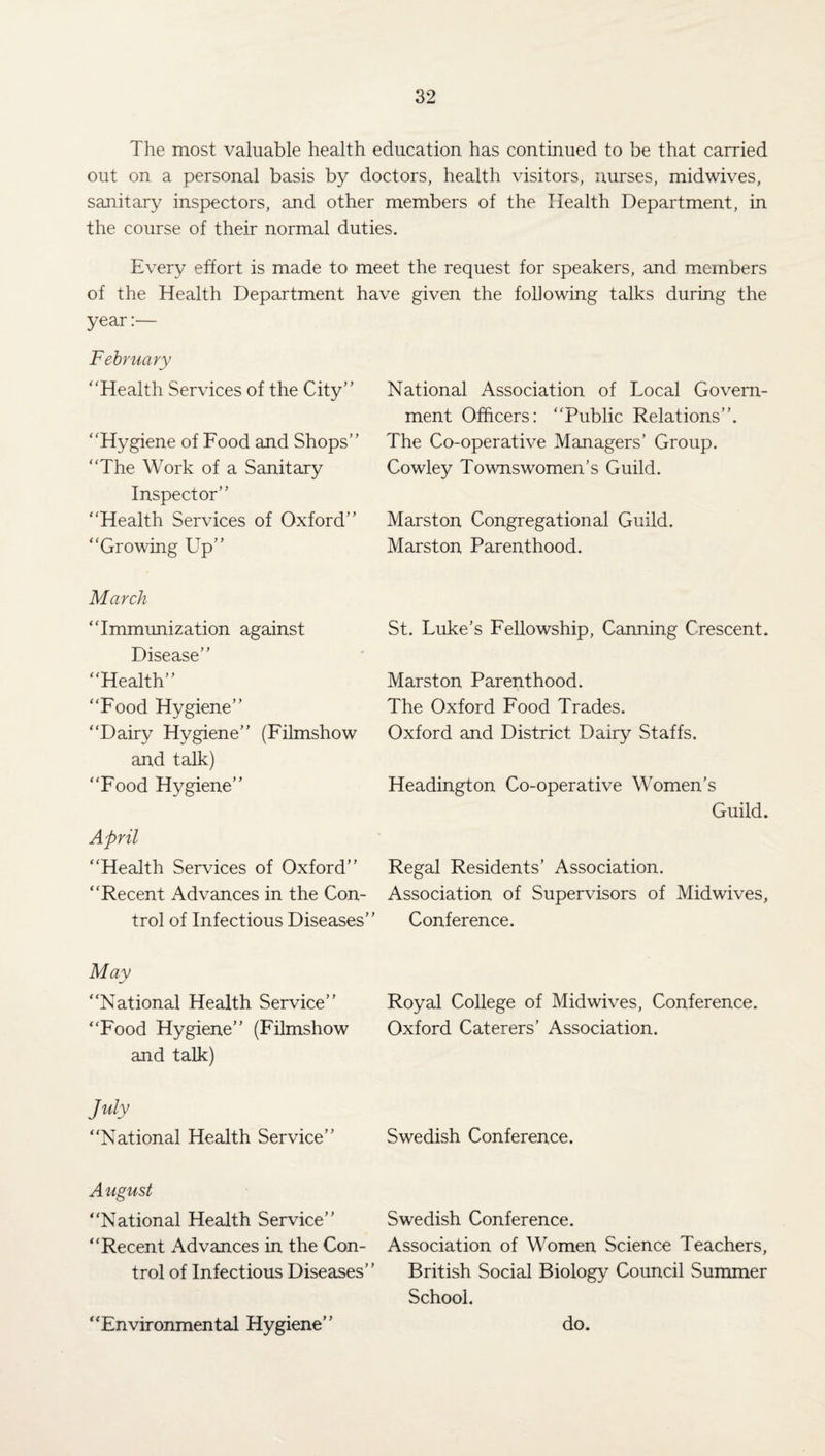 The most valuable health education has continued to be that carried out on a personal basis by doctors, health visitors, nurses, midwives, sanitary inspectors, and other members of the Health Department, in the course of their normal duties. Every effort is made to meet the request for speakers, and members of the Health Department have given the following talks during the year:— February ‘'Health Services of the City” “Hygiene of Food and Shops” “The Work of a Sanitary Inspector” “Health Services of Oxford” “Growing Up” National Association of Local Govern¬ ment Officers: “Public Relations”. The Co-operative Managers’ Group. Cowley Townswomen’s Guild. Marston Congregational Guild. Marston Parenthood. March “Immunization against Disease” “Health” “Food Hygiene” “Dairy Hygiene” (Filmshow and talk) “Food Hygiene” St. Luke’s Fellowship, Canning Crescent. Marston Parenthood. The Oxford Food Trades. Oxford and District Dairy Staffs. Headington Co-operative Women’s Guild. April “Health Services of Oxford” Regal Residents’ Association. “Recent Advances in the Con- Association of Supervisors of Midwives, trol of Infectious Diseases” Conference. May “National Health Service” Royal College of Midwives, Conference. “Food Hygiene” (Filmshow Oxford Caterers’ Association, and talk) July “National Health Service” Swedish Conference. August “National Health Service” Swedish Conference. “Recent Advances in the Con- Association of Women Science Teachers, trol of Infectious Diseases” British Social Biology Council Summer School. “Environmental Hygiene” do.