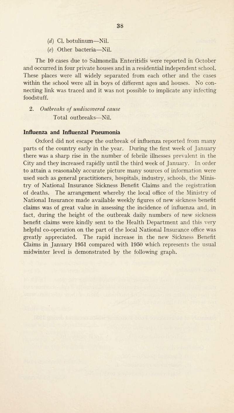 (d) Cl. botulinum—Nil. (e) Other bacteria—Nil. The 10 cases due to Salmonella Enteritidis were reported in October and occurred in four private houses and in a residential independent school. These places were all widely separated from each other and the cases within the school were all in boys of different ages and houses. No con¬ necting link was traced and it was not possible to implicate any infecting foodstuff. 2. Outbreaks of undiscovered cause Total outbreaks—Nil. Influenza and Influenzal Pneumonia Oxford did not escape the outbreak of influenza reported from many parts of the country early in the year. During the first week of January there was a sharp rise in the number of febrile illnesses prevalent in the City and they increased rapidly until the third week of January. In order to attain a reasonably accurate picture many sources of information were used such as general practitioners, hospitals, industry, schools, the Minis¬ try of National Insurance Sickness Benefit Claims and the registration of deaths. The arrangement whereby the local office of the Ministry of National Insurance made available weekly figures of new sickness benefit claims was of great value in assessing the incidence of influenza and, in fact, during the height of the outbreak daily numbers of new sickness benefit claims were kindly sent to the Health Department and this very helpful co-operation on the part of the local National Insurance office was greatly appreciated. The rapid increase in the new Sickness Benefit Claims in January 1951 compared with 1950 which represents the usual midwinter level is demonstrated by the following graph.