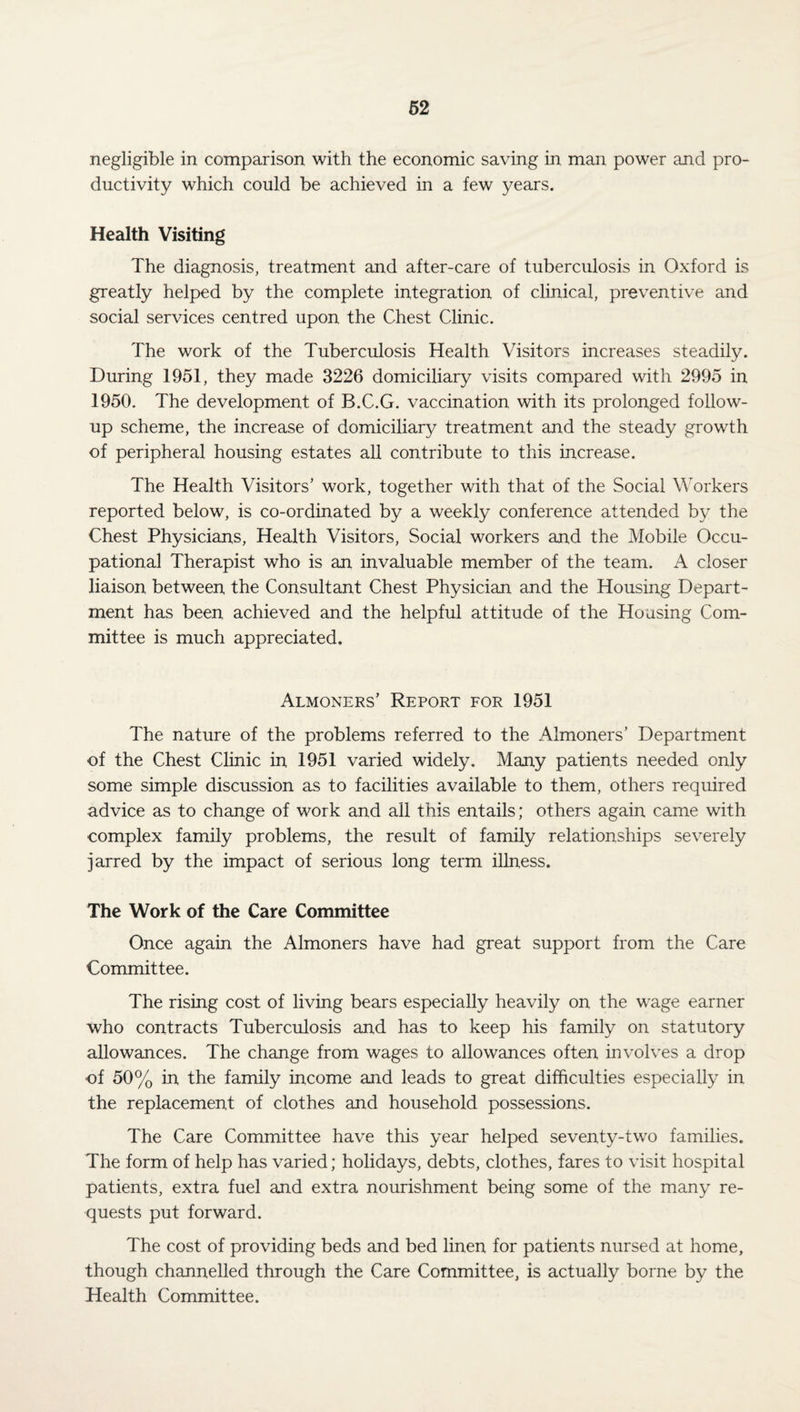 negligible in comparison with the economic saving in man power and pro¬ ductivity which could be achieved in a few years. Health Visiting The diagnosis, treatment and after-care of tuberculosis in Oxford is greatly helped by the complete integration of clinical, preventive and social services centred upon the Chest Clinic. The work of the Tuberculosis Health Visitors increases steadily. During 1951, they made 3226 domiciliary visits compared with 2995 in 1950. The development of B.C.G. vaccination with its prolonged follow¬ up scheme, the increase of domiciliary treatment and the steady growth of peripheral housing estates all contribute to this increase. The Health Visitors’ work, together with that of the Social Workers reported below, is co-ordinated by a weekly conference attended by the Chest Physicians, Health Visitors, Social workers and the Mobile Occu¬ pational Therapist who is an invaluable member of the team. A closer liaison between the Consultant Chest Physician and the Housing Depart¬ ment has been achieved and the helpful attitude of the Housing Com¬ mittee is much appreciated. Almoners’ Report for 1951 The nature of the problems referred to the Almoners’ Department of the Chest Clinic in 1951 varied widely. Many patients needed only some simple discussion as to facilities available to them, others required advice as to change of work and all this entails; others again came with complex family problems, the result of family relationships severely jarred by the impact of serious long term illness. The Work of the Care Committee Once again the Almoners have had great support from the Care Committee. The rising cost of living bears especially heavily on the wage earner who contracts Tuberculosis and has to keep his family on statutory allowances. The change from wages to allowances often involves a drop of 50% in the family income and leads to great difficulties especially in the replacement of clothes and household possessions. The Care Committee have this year helped seventy-two families. The form of help has varied; holidays, debts, clothes, fares to visit hospital patients, extra fuel and extra nourishment being some of the many re¬ quests put forward. The cost of providing beds and bed linen for patients nursed at home, though channelled through the Care Committee, is actually borne by the Health Committee.