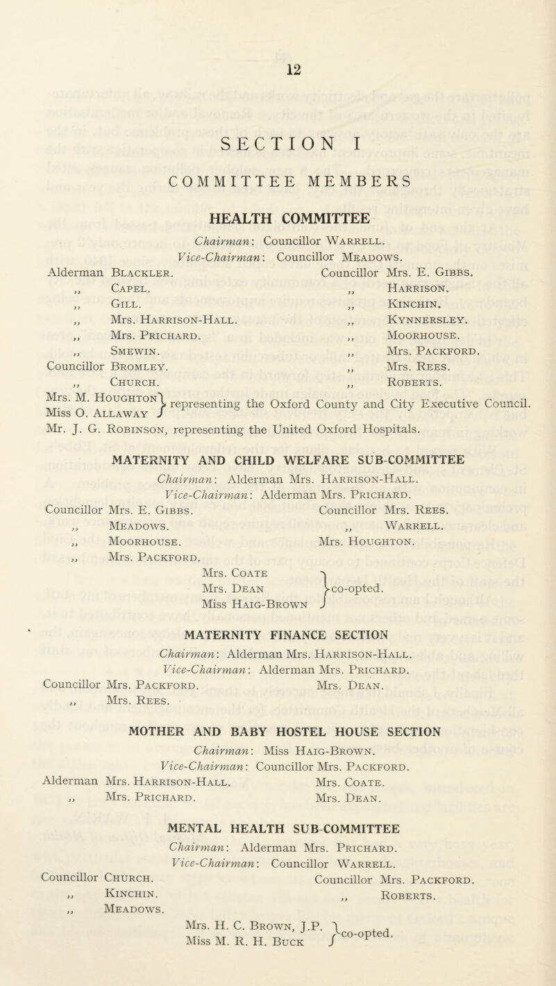 SECTION I COMMITTEE MEMBERS HEALTH COMMITTEE Chairman: Councillor Warrell. Vice-Chairman: Councillor Meadows. Alderman Blackler. ,, Capel, ,, Gill. ,, Mrs. Harrison-Hall. „ Mrs. Prichard. ,, Smewin. Councillor Bromley. ,, Church. Councillor Mrs. E. Gibbs. „ Harrison. ,, Kinchin. ,, Kynnersley. ,, Moorhouse. ,, Mrs. Packford. ,, Mrs. Rees. .. Roberts. Mrs. M. Houghton\ representing the Oxford County and City Executive Council. Miss O. Alla WAY / t j Mr. J. G. Robinson, representing the United Oxford Hospitals. MATERNITY AND CHILD WELFARE SUB COMMITTEE Chairman: Alderman Mrs. Harrison-Hall. Vice-Chairman: Alderman Mrs. Prichard. Councillor Mrs. E. Gibbs. Councillor Mrs. Rees. ,, Meadows. ,, Warrell. ,, Moorhouse. Mrs. Houghton. ,, Mrs. Packford. Mrs. Coate Mrs. Dean >co-opted. Miss Haig-Brown J MATERNITY FINANCE SECTION Chairman: Alderman Mrs. Harrison-Hall. Vice-Chairman: Alderman Mrs. Prichard. Councillor Mrs. Packford. Mrs. Dean. ,, Mrs. Rees. MOTHER AND BABY HOSTEL HOUSE SECTION Chairman: Miss Haig-Brown. Vice-Chairman: Councillor Mrs. Packford. Alderman Mrs. Harrison-Hall. Mrs. Coate. „ Mrs. Prichard. Mrs. Dean. MENTAL HEALTH SUB COMMITTEE Chairman: Alderman Mrs. Prichard. Vice-Chairman: Councillor Warrell. Councillor Church. Councillor Mrs. Packford. „ Kinchin. Roberts. ,, Meadows. Mrs. H. C. Brown, J.P. 1 , , Miss M. R. H. Buck j co op e