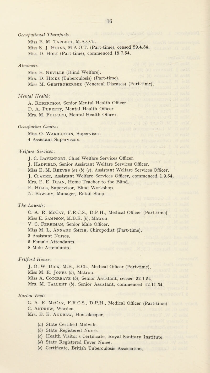 Occupational Therapists: Miss E. M. Targett, M.A.O.T. Miss S. J. Huins, M.A.O.T. (Part-time), ceased 29.4.54. Miss D. Holt (Part-time), commenced 19.7.54. A Imoners: Miss E. Neville (Blind Welfare). Mrs. D. Hicks (Tuberculosis) (Part-time). Miss M. Geistenberger (Venereal Diseases) (Part-time). Mental Health: A. Robertson, Senior Mental Health Officer. D. A. PuRRETT, Mental Health Officer. Mrs. M. Fulford, Mental Health Officer. Occupation Centre: Miss O. Warburton, Supervisor. 4 Assistant Supervisors. Welfare Services: J. C. Davenport, Chief Welfare Services Officer. J. Hadfield, Senior Assistant Welfare Services Officer. Miss E. M. Reeves (a) (b) {c), Assistant Welfare Services Officer. J. Clarke, Assistant Welfare Services Officer, commenced 1.9.54. Mrs. E. E. Dean, Home Teacher to the Blind. E, Hills, Supervisor, Blind Workshop. N. Bowley, Manager, Retail Shop. The Laurels: C. A. R. McCay, F.R.C.S., D.P.H., Medical Officer (Part-time). Miss E. Sampson, M.B.E. (6), Matron. V. C. Ferriman, Senior Male Officer. Miss M. L. Annand Smith, Chiropodist (Part-time). 3 Assistant Nurses. 5 Female Attendants. 8 Male Attendants. Frilford House: J. O. W. Dick, M.B., B.Ch., Medical Officer (Part-time). Miss M. E. Jones (6), Matron. Miss A. CoTGREAVE (6), Senior Assistant, ceased 22.1.54. Mrs. M. Tallent (&), Senior Assistant, commenced 12.11.54. Barton End: C. A. R. McCay, F.R.C.S., D.P.H., Medical Officer (Part-time). C. Andrew, Warden. Mrs. B. E. Andrew, Housekeeper. {a) State Certified Midwife. {b) State Registered Nurse. (c) Health Visitor's Certificate, Royal Sanitary Institute. {d) State Registered Fever Nurse. (e) Certificate, British Tuberculosis Association.