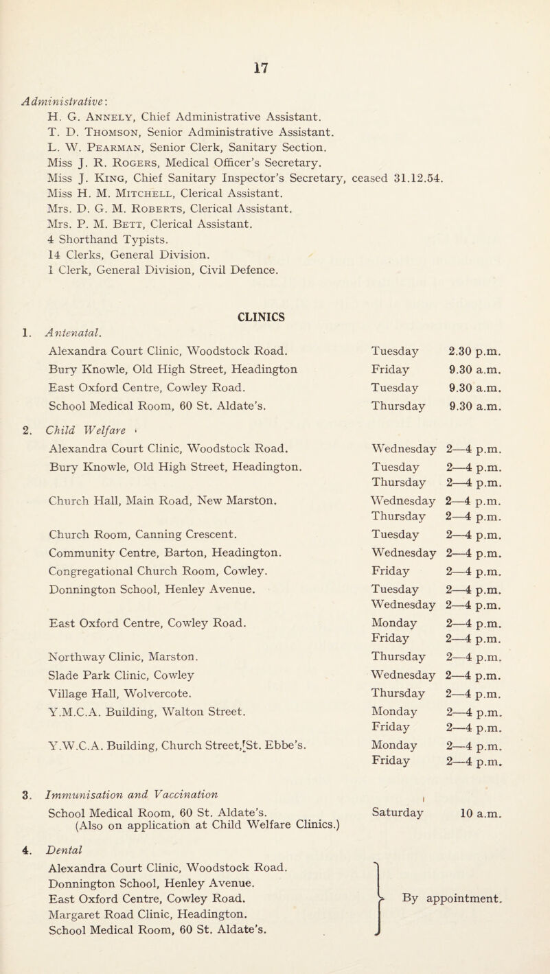 A dniinistrative: H. G. Annely, Chief Administrative Assistant. T. D. Thomson, Senior Administrative Assistant. L. W. Pearman, Senior Clerk, Sanitary Section. Miss J. R. Rogers, Medical Officer’s Secretary. Miss J. King, Chief Sanitary Inspector’s Secretary, ceased 31.12.54. Miss H. M. Mitchell, Clerical Assistant. Mrs. D. G. M. Roberts, Clerical Assistant. Mrs. P. M. Bett, Clerical Assistant. 4 Shorthand Typists. 14 Clerks, General Division. 1 Clerk, General Division, Civil Defence. CLINICS 1. Antenatal. Alexandra Court Clinic, Woodstock Road. Bury Knowle, Old High Street, Headington East Oxford Centre, Cowley Road. School Medical Room, 60 St. Aldate’s. 2. Child Welfare * Alexandra Court Clinic, Woodstock Road. Bury Knowle, Old High Street, Headington. Church Hall, Main Road, New Marston. Church Room, Canning Crescent. Community Centre, Barton, Headington. Congregational Church Room, Cowley. Donnington School, Henley Avenue. East Oxford Centre, Cowley Road. Northway Clinic, Marston. Slade Park Clinic, Cowley Village Hall, Wolvercote. Y.M.C.A. Building, Walton Street. Y.W.C.A. Building, Church Street,[St. Ebbe’s. 3, Immunisation and Vaccination School Medical Room, 60 St. Aldate’s. (Also on application at Child Welfare Clinics.) 4. Dental Alexandra Court Clinic, Woodstock Road. Donnington School, Henley Avenue. East Oxford Centre, Cowley Road. Margaret Road Clinic, Headington. School Medical Room, 60 St. Aldate’s. Tuesday 2.30 p.m. Friday 9.30 a.m. Tuesday 9.30 a.m. Thursday 9.30 a.m. Wednesday 2—4 p.m. Tuesday 2—4 p.m. Thursday 2—4 p.m. Wednesday 2—4 p.m. Thursday 2—4 p.m. Tuesday 2—4 p.m. Wednesday 2—4 p.m. Friday 2—4 p.m. Tuesday 2—4 p.m. Wednesday 2—4 p.m. Monday 2—4 p.m. Friday 2—4 p.m. Thursday 2—4 p.m. Wednesday 2—4 p.m. Thursday 2—4 p.m. Monday 2—4 p.m. Friday 2—4 p.m. Monday 2—4 p.m. Friday 2—4 p.m. 1 Saturday 10 a.m. By appointment. J