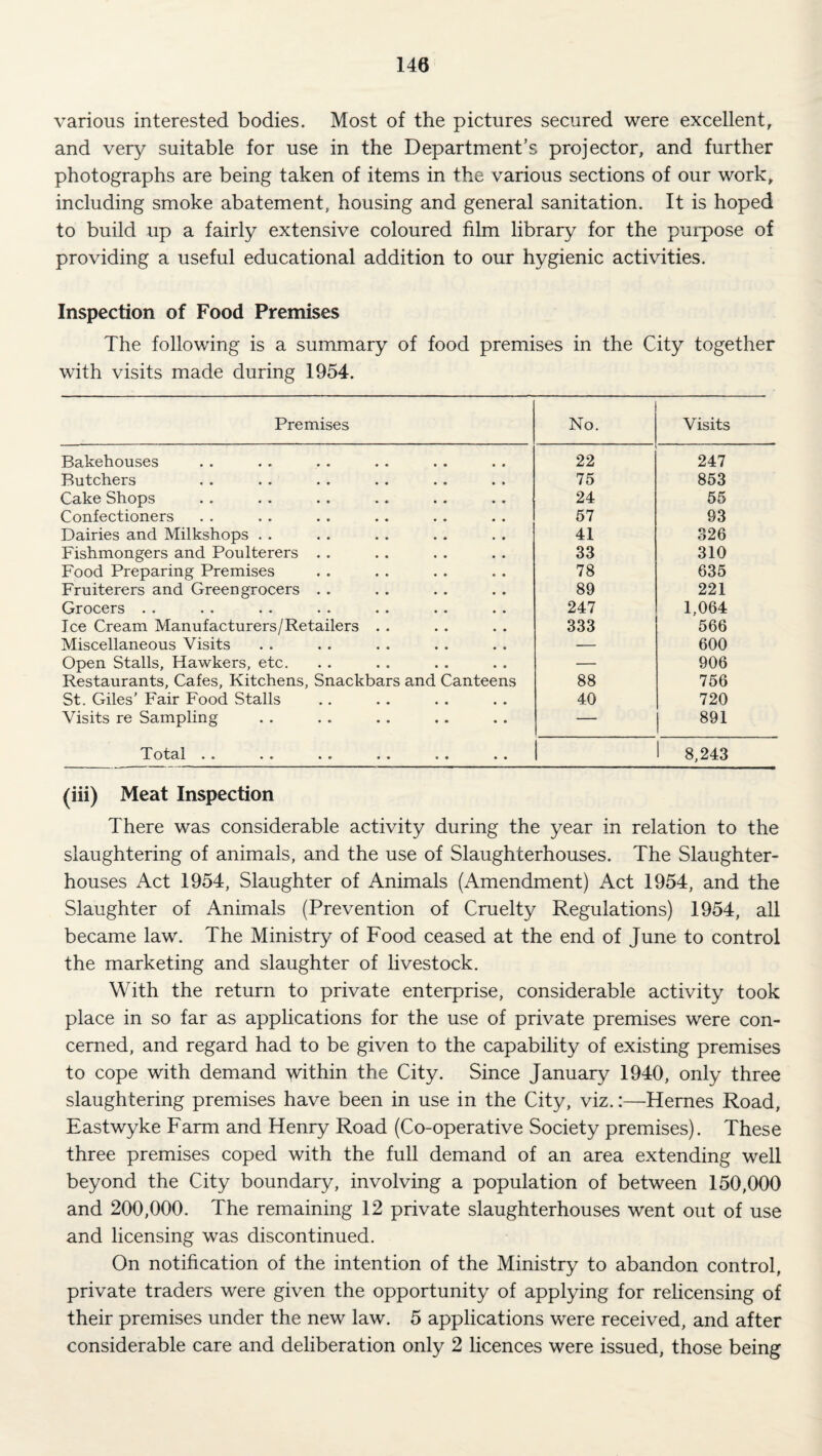 various interested bodies. Most of the pictures secured were excellent, and very suitable for use in the Department’s projector, and further photographs are being taken of items in the various sections of our work, including smoke abatement, housing and general sanitation. It is hoped to build up a fairly extensive coloured film library for the purpose of providing a useful educational addition to our hygienic activities. Inspection of Food Premises The following is a summary of food premises in the City together with visits made during 1954. Premises No. Visits Bakehouses 22 247 Butchers 75 853 Cake Shops 24 55 Confectioners 57 93 Dairies and Milkshops . . 41 326 Fishmongers and Poulterers . . 33 310 Food Preparing Premises 78 635 Fruiterers and Greengrocers . . 89 221 Grocers . . 247 1,064 Ice Cream Manufacturers/Retailers . . 333 566 Miscellaneous Visits — 600 Open Stalls, Hawkers, etc. — 906 Restaurants, Cafes, Kitchens, Snackbars and Canteens 88 756 St. Giles’ Fair Food Stalls 40 720 Visits re Sampling — 891 Totcil •• •• •• •• •• •• 8,243 (iii) Meat Inspection There was considerable activity during the year in relation to the slaughtering of animals, and the use of Slaughterhouses. The Slaughter¬ houses Act 1954, Slaughter of Animals (Amendment) Act 1954, and the Slaughter of Animals (Prevention of Cruelty Regulations) 1954, all became law. The Ministry of Food ceased at the end of June to control the marketing and slaughter of livestock. With the return to private enterprise, considerable activity took place in so far as applications for the use of private premises were con¬ cerned, and regard had to be given to the capability of existing premises to cope with demand within the City. Since January 1940, only three slaughtering premises have been in use in the City, viz.:—Hemes Road, Eastwyke Farm and Henry Road (Co-operative Society premises). These three premises coped with the full demand of an area extending well beyond the City boundary, involving a population of between 150,000 and 200,000. The remaining 12 private slaughterhouses went out of use and licensing was discontinued. On notification of the intention of the Ministry to abandon control, private traders were given the opportunity of applying for relicensing of their premises under the new law. 5 applications were received, and after considerable care and deliberation only 2 licences were issued, those being