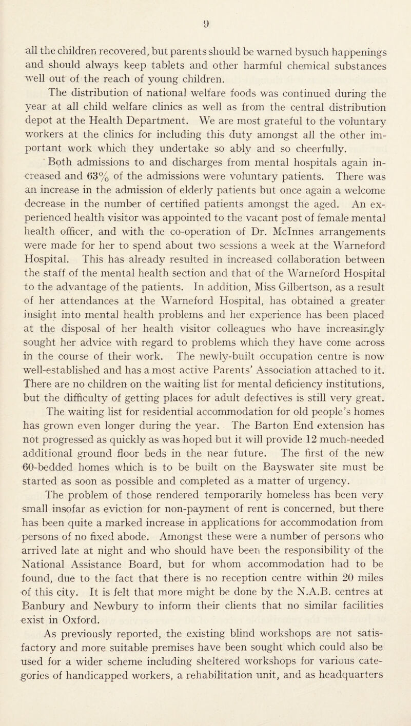 all the children recovered, but parents should be warned bysuch happenings and should always keep tablets and other harmful chemical substances well out of the reach of young children. The distribution of national welfare foods was continued during the year at all child welfare clinics as well as from the central distribution depot at the Health Department. We are most grateful to the voluntary workers at the clinics for including this duty amongst all the other im¬ portant work which they undertake so ably and so cheerfully. ' Both admissions to and discharges from mental hospitals again in¬ creased and 63% of the admissions were voluntary patients. There was an increase in the admission of elderly patients but once again a welcome decrease in the number of certified patients amongst the aged. An ex¬ perienced health visitor was appointed to the vacant post of female mental health officer, and with the co-operation of Dr. Mclnnes arrangements were made for her to spend about two sessions a week at the Warneford Hospital. This has already resulted in increased collaboration between the staff of the mental health section and that of the Warneford Hospital to the advantage of the patients. In addition. Miss Gilbertson, as a result of her attendances at the Warneford Hospital, has obtained a greater insight into mental health problems and her experience has been placed at the disposal of her health visitor colleagues who have increasingly sought her advice with regard to problems which they have come across in the course of their work. The newly-built occupation centre is now w^ell-established and has a most active Parents’ Association attached to it. There are no children on the waiting list for mental deficiency institutions, but the difficulty of getting places for adult defectives is still very great. The waiting list for residential accommodation for old people’s homes has grown even longer during the year. The Barton End extension has not progressed as quickly as was hoped but it will provide 12 much-needed additional ground floor beds in the near future. The first of the new 60-bedded homes which is to be built on the Bayswater site must be started as soon as possible and completed as a matter of urgency. The problem of those rendered temporarily homeless has been very small insofar as eviction for non-payment of rent is concerned, but there has been quite a marked increase in applications for accommodation from persons of no fixed abode. Amongst these were a number of persons who arrived late at night and who should have been the responsibility of the National Assistance Board, but for whom accommodation had to be found, due to the fact that there is no reception centre within 20 miles of this city. It is felt that more might be done by the N.A.B. centres at Banbury and Newbury to inform their clients that no similar facilities exist in Oxford. As previously reported, the existing blind workshops are not satis¬ factory and more suitable premises have been sought which could also be used for a wider scheme including sheltered workshops for various cate¬ gories of handicapped workers, a rehabilitation unit, and as headquarters