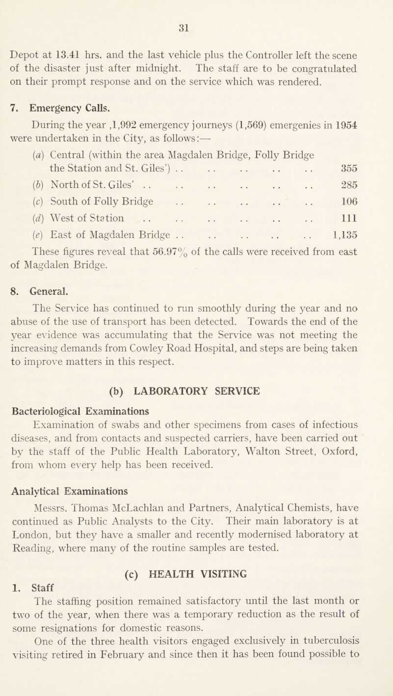 Depot at 13.41 hrs. and the last vehicle plus the Controller left the scene of the disaster just after midnight. The staff are to be congratulated on their prompt response and on the service which was rendered. 7. Emergency Calls. During the year ,1,992 emergency j ourneys (1,569) emergenies in 1954 were undertaken in the City, as follows:—■ (a) Central (within the area Magdalen Bridge, Folly Bridge the Station and St. Giles’) . . . . .. .. .. 355 (b) North of St. Giles’ . . . . .. .. .. . . 285 (c) South of Folly Bridge . . . . . . . . . . 106 {d) West of Station .. .. .. .. .. .. Ill (e) East of Magdalen Bridge . . . . . . . . . . 1,135 These figures reveal that 56.97% of the calls were received from east of Magdalen Bridge. 8. General. The Service has continued to run smoothly during the 3^ear and no abuse of the use of transport has been detected. Towards the end of the year evidence was accumulating that the Service was not meeting the increasing demands from Cowley Road Hospital, and steps are being taken to improve matters in this respect. (b) LABORATORY SERVICE Bacteriological Examinations Examination of swabs and other specimens from cases of infectious diseases, and from contacts and suspected carriers, have been carried out b}- the staff of the Public Health Laboratory, Walton Street, Oxford, from whom every help has been received. Analytical Examinations Messrs. Thomas McLachlan and Partners, Analytical Chemists, have continued as Public Analysts to the Cit}^ Their main laboratory is at London, but they have a smaller and recently modernised laboratory at Reading, where many of the routine samples are tested. (c) HEALTH VISITING 1. Staff The staffing position remained satisfactory until the last month or two of the year, when there was a temporary reduction as the result of some resignations for domestic reasons. One of the three health visitors engaged exclusively in tuberculosis visiting retired in February and since then it has been found possible to