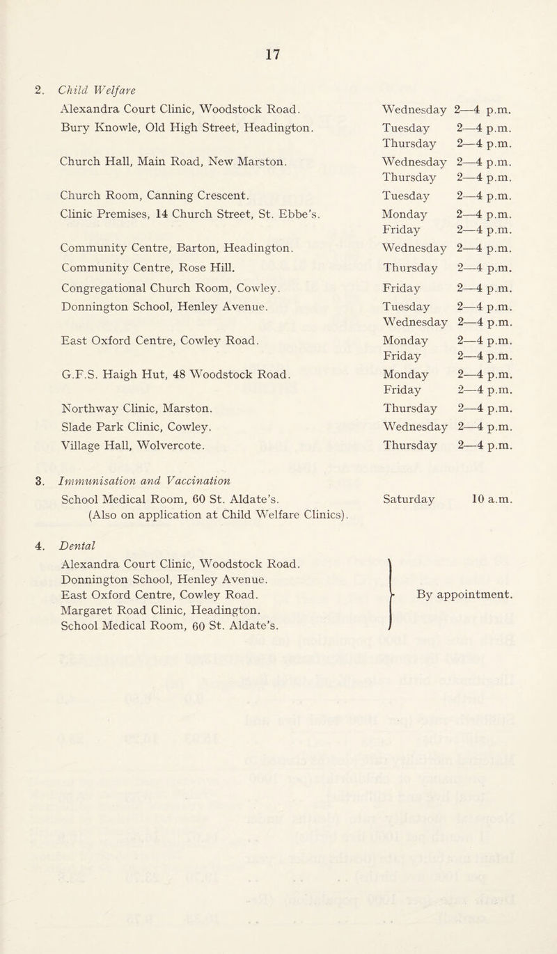 2. Child Weljare Alexandra Court Clinic, Woodstock Road. Wednesday 2—4 p.m. Bury Knowle, Old High Street, Headington. Tuesday 2—4 p.m. Thursday 2—4 p.m. Church Hall, Main Road, New Marston. Wednesday 2—4 p.m. Thursday 2—4 p.m. Church Room, Canning Crescent. Tuesday 2—4 p.m. Clinic Premises, 14 Church Street, St. Ebbe’s. Monday 2—4 p.m. Friday 2—4 p.m. Community Centre, Barton, Headington. Wednesday 2—4 p.m. Community Centre, Rose Hill. Thursdaj^ 2—4 p.m. Congregational Church Room, Cowley. Friday 2—4 p.m. Donnington School, Henley Avenue. Tuesday 2—4 p.m. Wednesday 2—4 p.m. East Oxford Centre, Cowley Road. Monday 2—4 p.m. Friday 2—4 p.m. G.F.S. Haigh Hut, 48 Woodstock Road. Monday 2—4 p.m. Friday 2—4 p.m. North way Clinic, Marston. Thursday 2—4 p.m. Slade Park Clinic, Cowley. Wednesday 2—4 p.m. Village Hall, Wolvercote. Thursday 2—4 p.m. Immunisation and Vaccination School Medical Room, 60 St. Aldate’s. Saturday 10 a.m. (Also on application at Child Welfare Clinics). 4. Dental Alexandra Court Clinic, Woodstock Road. Donnington School, Henley Avenue. East Oxford Centre, Cowley Road. Margaret Road Clinic, Headington. School Medical Room, 60 St. Aldate’s. By appointment.