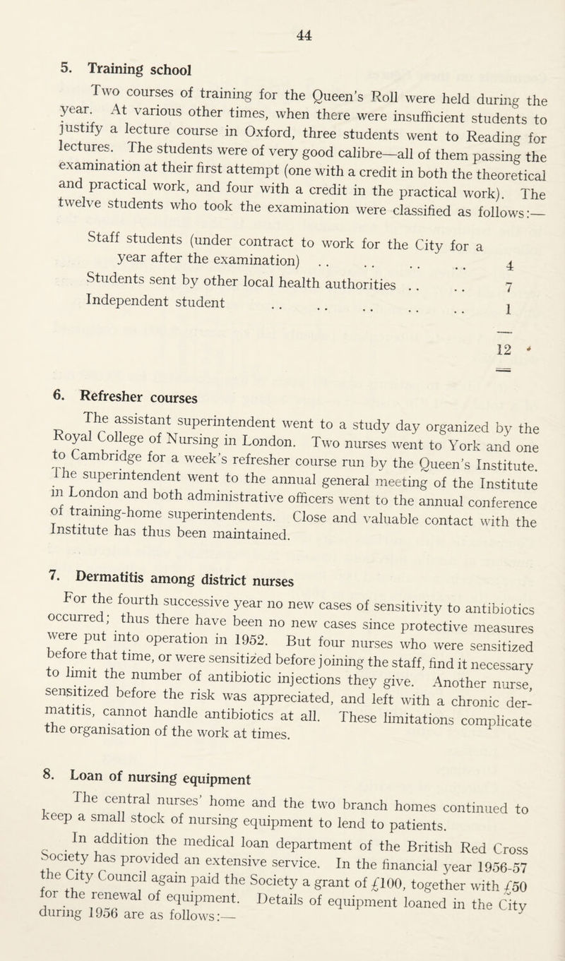 5. Training school Two courses of training for the Queen’s Roll were held during the year. At various other times, when there were insufficient students to justify a lecture course in Oxford, three students went to Reading for lectures. The students were of very good calibre—all of them passing the e.xamination at their first attempt (one with a credit in both the theoretical and practical work, and four with a credit in the practical work). The twelve students who took the examination were classified as follows:— Staff students (under contract to work for the City for a year after the examination) . . . . . , ^ 4 Students .sent by other local health authorities .. .. 7 Independent student .. i 12 ^ 6. Refresher courses The assistant superintendent went to a study day organized by the oya o ege of Nursing in London. Two nurses went to York and one to Cambridge for a week’s refresher course run by the Queen’s Institute. e superintendent went to the annual general meeting of the Institute in pndon and both administrative officers went to the annual conference oi training-home superintendents. Close and valuable contact with the Institute has thus been maintained. 7. Dermatitis among district nurses For the fourth successive year no new cases of sensitivity to antibiotics occurred; thus there have been no new cases since protective measures were put into operation in 1952. But four nurses who were sensitized before that time, or were sensitized before j oining the staff, find it necessary to limit the number of antibiotic injections they give. Another nurse, sensitized before the risk was appreciated, and left with a chronic der¬ matitis, cannot handle antibiotics at all. These limitations complicate the organisation of the work at times. 8. Loan of nursing equipment The central nurses’ home and the two branch homes continued to keep a small stock of nursing equipment to lend to patients. In addition the medical loan department of the British Red Cross provided an extensive service. In the financial year 1956-57 e City Council again paid the Society a grant of ^100, together with /50 or e renewa of equipment. Details of equipment loaned in the Chy during 1956 are as follows:— ^