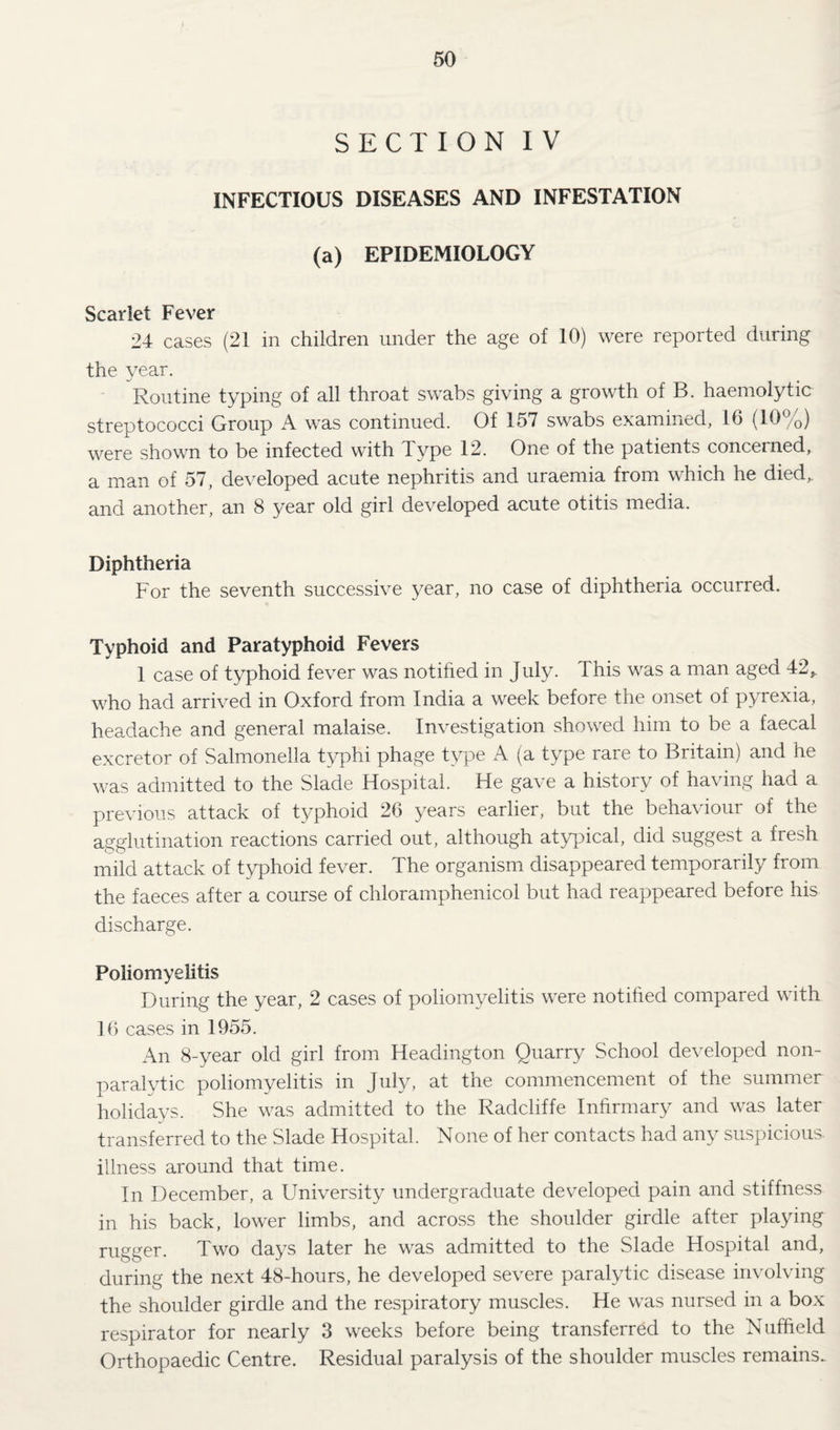 SECTION IV INFECTIOUS DISEASES AND INFESTATION (a) EPIDEMIOLOGY Scarlet Fever 24 cases (21 in children under the age of 10) were reported during the year. Routine typing of all throat swabs giving a growth of B. haemolytic streptococci Group A was continued. Of 157 swabs examined, 16 (10%) were shown to be infected with Type 12. One of the patients concerned, a man of 57, developed acute nephritis and uraemia from which he died,, and another, an 8 year old girl developed acute otitis media. Diphtheria For the seventh successive year, no case of diphtheria occurred. Typhoid and Paratyphoid Fevers 1 case of typhoid fever was notihed in July. This was a man aged 42,. who had arrived in Oxford from India a week before the onset of pyrexia, headache and general malaise. Investigation showed him to be a faecal excretor of Salmonella t\^hi phage type A (a type rare to Britain) and he was admitted to the Slade Hospital. He gave a history of having had a previous attack of typhoid 26 years earlier, but the behaviour of the agglutination reactions carried out, although atypical, did suggest a fresh mild attack of t^q^hoid fever. The organism disappeared temporarily from the faeces after a course of chloramphenicol but had reappeared before his discharge. Poliomyelitis During the year, 2 cases of poliomyelitis were notified compared with 16 cases in 1955. An 8-year old girl from Headington Quarry School developed non¬ paralytic poliomyelitis in July, at the commencement of the summer holidays. She was admitted to the Radcliffe Inhrmary and was later transferred to the Slade Hospital. None of her contacts had any suspicious illness around that time. In December, a University undergraduate developed pain and stiffness in his back, lower limbs, and across the shoulder girdle after playing rugger. Two days later he was admitted to the Slade Hospital and, during the next 48-hours, he developed severe paralytic disease involving the shoulder girdle and the respiratory muscles. He was nursed in a box respirator for nearly 3 weeks before being transferred to the Nuffield Orthopaedic Centre. Residual paralysis of the shoulder muscles remains..