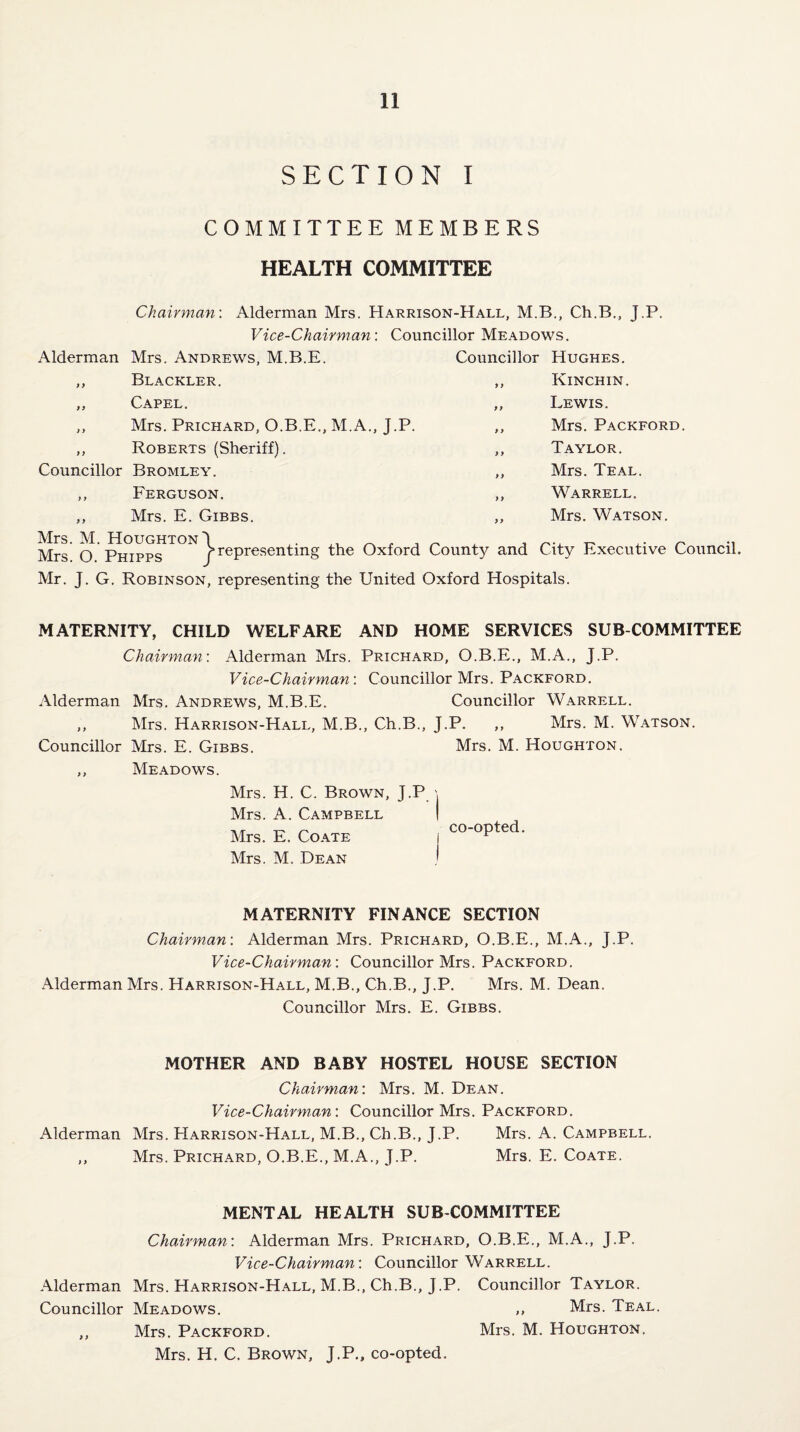 SECTION I COMMITTEE MEMBERS HEALTH COMMITTEE Chairman’. Alderman Mrs. Harrison-Hall, M.B., Ch.B., J.P. Vice-Chairman’. Councillor Meadows. Councillor Hughes. ,, Kinchin. Alderman Mrs. Andrews, M.B.E. ,, Blackler. ,, Capel. ,, Mrs. Prichard, O.B.E., M.A., J.P. ,, Roberts (Sheriff). Councillor Bromley. ,, Ferguson. ,, Mrs. E. Gibbs. Mrs O Oxford County and City Executive Council. Mr. J. G. Robinson, representing the United Oxford Hospitals. Lewis. Mrs. Packford. Taylor. Mrs. Teal. Warrell. Mrs. Watson. MATERNITY, CHILD WELFARE AND HOME SERVICES SUBCOMMITTEE Chairman’. Alderman Mrs. Prichard, O.B.E., M.A., J.P. Vice-Chairman’. Councillor Mrs. Packford. Alderman Mrs. Andrews, M.B.E. Councillor Warrell. ,, Mrs. Harrison-Hall, M.B., Ch.B., J.P. ,, Mrs. M. Watson. Councillor Mrs. E. Gibbs. Mrs. M. Houghton. ,, Meadows. Mrs. H. C. Brown, J.P Mrs. A. Campbell I Mrs. E. Coate i co-opted. Mrs. M. Dean j MATERNITY FINANCE SECTION Chairman’. Alderman Mrs. Prichard, O.B.E., M.A., J.P. Vice-Chairman: Councillor Mrs. Packford. Alderman Mrs. Harrison-Hall, M.B., Ch.B., J.P. Mrs. M. Dean. Councillor Mrs. E. Gibbs. MOTHER AND BABY HOSTEL HOUSE SECTION Chairman: Mrs. M. Dean. Vice-Chairman: Councillor Mrs. Packford. Alderman Mrs. Harrison-Hall, M.B., Ch.B., J.P. Mrs. A. Campbell. ,, Mrs. Prichard, O.B.E., M.A., J.P. Mrs. E. Coate. MENTAL HEALTH SUBCOMMITTEE Chairman: Alderman Mrs. Prichard, O.B.E., M.A., J.P. Vice-Chairman: Councillor Warrell. Alderman Mrs. Harrison-Hall, M.B., Ch.B., J.P. Councillor Taylor. Councillor Meadows. ,, Mrs. Teal. ,, Mrs. Packford. Mrs. M. Houghton. Mrs. H. C. Brown, J.P„ co-opted.
