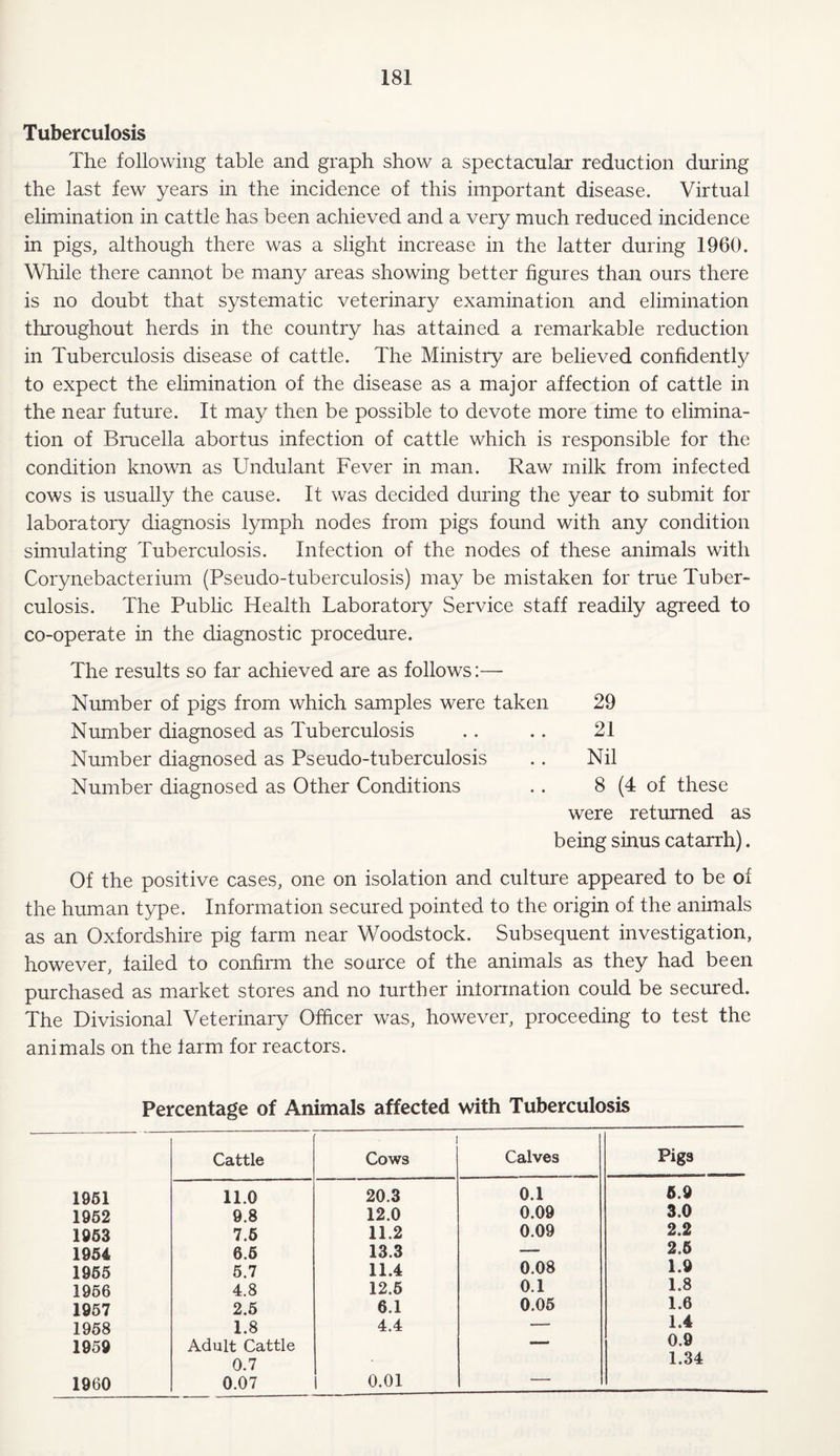 Tuberculosis The following table and graph show a spectacular reduction during the last few years in the incidence of this important disease. Virtual elimination in cattle has been achieved and a very much reduced incidence in pigs, although there was a slight increase in the latter during 1960. While there cannot be many areas showing better figures than ours there is no doubt that systematic veterinary examination and elimination throughout herds in the country has attained a remarkable reduction in Tuberculosis disease of cattle. The Ministry are believed confidently to expect the elimination of the disease as a major affection of cattle in the near future. It may then be possible to devote more time to elimina¬ tion of Brucella abortus infection of cattle which is responsible for the condition known as Undulant Fever in man. Raw milk from infected cows is usually the cause. It was decided during the year to submit for laboratory diagnosis lymph nodes from pigs found with any condition simulating Tuberculosis. Infection of the nodes of these animals with Corynebacterium (Pseudo-tuberculosis) may be mistaken for true Tuber¬ culosis. The Public Health Laboratory Service staff readily agreed to co-operate in the diagnostic procedure. The results so far achieved are as follows:— Number of pigs from which samples were taken Number diagnosed as Tuberculosis Number diagnosed as Pseudo-tuberculosis Number diagnosed as Other Conditions 29 21 Nil 8 (4 of these were returned as being sinus catarrh). Of the positive cases, one on isolation and culture appeared to be of the human type. Information secured pointed to the origin of the animals as an Oxfordshire pig farm near Woodstock. Subsequent investigation, however, failed to confirm the source of the animals as they had been purchased as market stores and no lurther intorination could be secured. The Divisional Veterinary Officer was, however, proceeding to test the animals on the farm for reactors. 1951 1952 1953 1954 1955 1956 1957 1958 1959 1960 Percentage of Animals affected with Tuberculosis Cattle 1 Cows Calves 11.0 20.3 0.1 9.8 12.0 0.09 7.5 11.2 0.09 6.5 13.3 — 5.7 11.4 0.08 4.8 12.5 0.1 2.5 6.1 0.05 1.8 4.4 — Adult Cattle 0.7 0.07 0.01 —■ Pigs 5.9 3.0 2.2 2.6 1.9 1.8 1.6 1.4 0.9 1.34