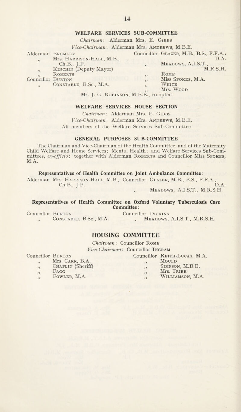 WELFARE SERVICES SUB COMMITTEE Chairman: Alderman Mrs. E. Gibbs Vice-Chairman: Alderman Mrs. Andrews. M.B.E. Alderman Bromley ,, Mrs. Harrison-Hall, M.B., Ch.B., J.P. ,, Kinchin (Deputy Mayor) ,, Roberts Councillor Burton ,, Constable, B.Sc., M.A. Mr. J. G. Robinson, Councillor Glazer, M.B., B.S., F.F.A.» DA- ,, Meadows, A.I.S.T., M.R.S.H. ,, Rome ,, Miss Spokes, M.A. ,, White ,, Mrs. Wood M.B.E., co-opted WELFARE SERVICES HOUSE SECTION Chairman'. Alderman Mrs. E. Gibbs Vice-Chairman: Alderman Mrs. Andrews, M.B.E. All members of the Welfare Services Sub-Committee GENERAL PURPOSES SUB COMMITTEE The Chairman and Vice-Chairman of the Health Committee, and of the Maternity Child Welfare and Home Services; Mental Health; and Welfare Services Sub-Com¬ mittees, ex-officio; together with Alderman Roberts and Councillor Miss Spokes, M.A. Representatives of Health Committee on Joint Ambulance Committee: Alderman Mrs. Harrison-Hall, M.B., Councillor Glazer, M.B., B.S., F.F.A., Ch.B., J.P. D.A. ,, Meadows, A.I.S.T., M.R.S.H. Representatives of Health Committee on Oxford Voluntary Tuberculosis Care Committee: Councillor Burton Councillor Dickins ,, Constable, B.Sc., M.A. ,, Meadows, A.I.S.T., M.R.S.H. HOUSING COMMITTEE Chairman: Councillor Rome Vice-Chairman: Councillor Ingram Councillor Burton ,, Mrs. Carr, B.A. ,, Chaplin (Sheriff) ,, Fagg ,, Fowler, M.A. Councillor Keith-Lucas, M.A. ,, Mould „ Simpson, M.B.E. „ Mrs. Tribe „ Williamson, M.A.