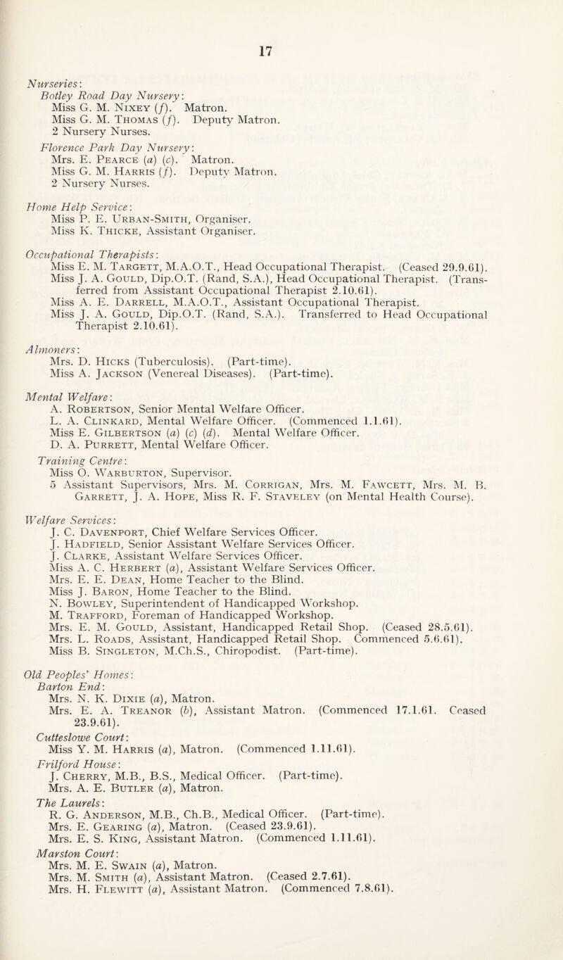 Nurseries: Botley Road Day Nursery. Miss G. M. Nixey (/). Matron. Miss G. M. Thomas (/). Deputy Matron. 2 Nursery Nurses. Florence Park Day Nursery: Mrs. E. Pearce (a) (c). Matron. Miss G. M. Harris (/). Deputy Matron. 2 Nursery Nurses. Home Help Service: Miss P. E. Urban-Smith, Organiser. Miss K. Thicke, Assistant Organiser. Occupational Therapists: Miss E. M. Targett, M.A.O.T., Head Occupational Therapist. (Ceased 29.9.61), Miss J. A. Gould, Dip.O.T. (Rand, S.A.), Head Occupational Therapist. (Trans¬ ferred from Assistant Occupational Therapist 2.10.61). Miss A. E. Darrell, M.A.O.T., Assistant Occupational Therapist. Miss J. A. Gould, Dip.O.T. (Rand, S.A.). Transferred to Head Occupational Therapist 2.10.61). A Imoners: Mrs. D. Hicks (Tuberculosis). (Part-time). Miss A. Jackson (Venereal Diseases). (Part-time). Mental Welfare: A. Robertson, Senior Mental Welfare Officer. L. A. Clinkard, Mental Welfare Officer. (Commenced 1.1.61). Miss E. Gilbertson (a) (c) (d). Mental Welfare Officer. D. A. Purrett, Mental Welfare Officer. Training Centre: Miss O. Warburton, Supervisor. 5 Assistant Supervisors, Mrs. M. Corrigan, Mrs. M. Fawcett, Mrs. M. B. Garrett, J. A. Hope, Miss R. F. Staveley (on Mental Health Course). Welfare Services: J. C. Davenport, Chief Welfare Services Officer. J. Hadfield, Senior Assistant Welfare Services Officer. J. Clarke, Assistant Welfare Services Officer. Miss A. C. Herbert (a), Assistant Welfare Services Officer. Mrs. E. E. Dean, Home Teacher to the Blind. Miss J. Baron, Home Teacher to the Blind. N. Bowley, Superintendent of Handicapped Workshop. M. Trafford, Foreman of Handicapped Workshop. Mrs. E. M. Gould, Assistant, Handicapped Retail Shop. (Ceased 28.5.61). Mrs. L. Roads, Assistant, Handicapped Retail Shop. Commenced 5.6.61). Miss B. Singleton, M.Ch.S., Chiropodist. (Part-time). Old Peoples' Homes: Barton Pnd: Mrs. N. K. Dixie {a), Matron. Mrs. E. A. Treanor (&), Assistant Matron. (Commenced 17.1.61. Ceased 23.9.61). Cutteslowe Court: Miss Y. M. Harris (a), Matron. (Commenced 1.11.61). Frilford House: J. Cherry, M.B., B.S., Medical Officer. (Part-time). Mrs. A. E. Butler (a), Matron. The Laurels: R. G. Anderson, M.B., Ch.B., Medical Officer. (Part-time). Mrs. E. Gearing (a), Matron. (Ceased 23.9.61). Mrs. E. S. King, Assistant Matron. (Commenced 1.11.61). Marston Court: Mrs. M. E. Swain (a), Matron. Mrs. M. Smith (a), Assistant Matron. (Ceased 2.7.61). Mrs. H. Flewitt (a), Assistant Matron. (Commenced 7.8.61).