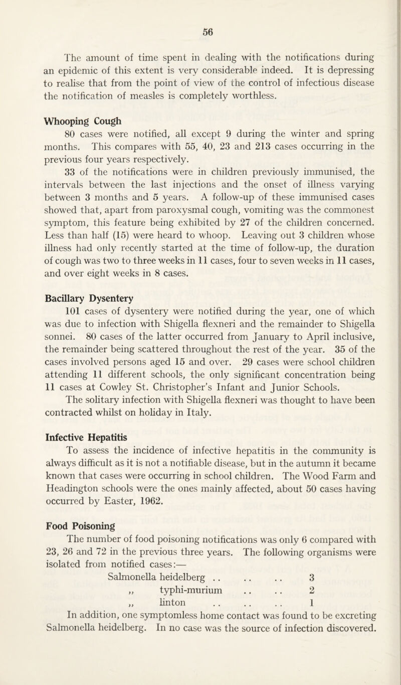 The amount of time spent in dealing with the notifications during an epidemic of this extent is very considerable indeed. It is depressing to realise that from the point of view of the control of infectious disease the notification of measles is completely worthless. Whooping Cough 80 cases were notified, all except 9 during the winter and spring months. This compares with 55, 40, 23 and 213 cases occurring in the previous four years respectively. 33 of the notifications were in children previously immunised, the intervals between the last injections and the onset of illness varying between 3 months and 5 years. A follow-up of these immunised cases showed that, apart from paroxysmal cough, vomiting was the commonest symptom, this feature being exhibited by 27 of the children concerned. Less than half (15) were heard to whoop. Leaving out 3 children whose illness had only recently started at the time of follow-up, the duration of cough was two to three weeks in 11 cases, four to seven weeks in 11 cases, and over eight weeks in 8 cases. Bacillary Dysentery 101 cases of dysentery were notified during the year, one of which was due to infection with Shigella flexneri and the remainder to Shigella sonnei. 80 cases of the latter occurred from January to April inclusive, the remainder being scattered throughout the rest of the year. 35 of the cases involved persons aged 15 and over. 29 cases were school children attending 11 different schools, the only significant concentration being 11 cases at Cowley St. Christopher’s Infant and Junior Schools. The solitary infection with Shigella flexneri was thought to have been contracted whilst on holiday in Italy. Infective Hepatitis To assess the incidence of infective hepatitis in the community is always difficult as it is not a notifiable disease, but in the autumn it became known that cases were occurring in school children. The Wood Farm and Headington schools were the ones mainly affected, about 50 cases having occurred by Easter, 1962. Food Poisoning The number of food poisoning notifications was only 6 compared with 23, 26 and 72 in the previous three years. The following organisms were isolated from notified cases:— Salmonella heidelberg .. .. .. 3 „ typhi-murium .. .. 2 „ linton . 1 In addition, one symptomless home contact was found to be excreting Salmonella heidelberg. In no case was the source of infection discovered.