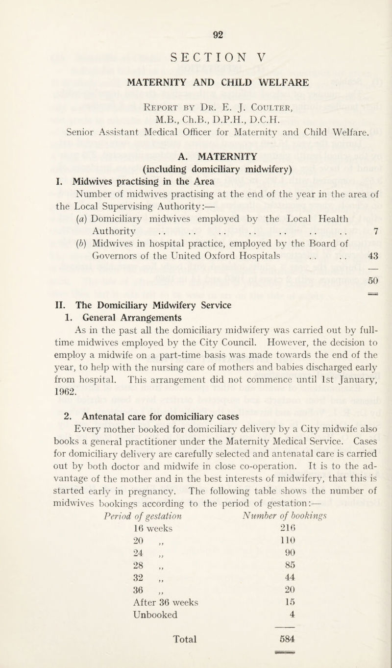 SECTION V MATERNITY AND CHILD WELFARE Report by Dr. E. J. Coulter. M.B., Ch.B., D.P.H., D.C.H. Senior Assistant Medical Officer for Maternity and Child Welfare. A. MATERNITY (including domiciliary midwifery) I. Midwives practising in the Area Number of midwives practising at the end of the year in the area of the Local Supervising Authority:— [a) Domiciliary midwives employed by the Local Health Authority . . . . . . . . .. . . . . 7 (b) Midwives in hospital practice, employed by the Board of Governors of the United Oxford Hospitals . . . . 43 50 II. The Domiciliary Midwifery Service 1. General Arrangements As in the past all the domiciliary midwifery was carried out by full¬ time midwives employed by the City Council. However, the decision to employ a midwife on a part-time basis was made towards the end of the year, to help with the nursing care of mothers and babies discharged early from hospital. This arrangement did not commence until 1st January, 1962. 2. Antenatal care for domiciliary cases Every mother booked for domiciliary delivery by a City midwife also books a general practitioner under the Maternity Medical Service. Cases for domiciliary delivery are carefully selected and antenatal care is carried out by both doctor and midwife in close co-operation. It is to the ad¬ vantage of the mother and in the best interests of midwifery, that this is started early in pregnancy. The following table shows the number of midwives bookings according to the period of gestation:— Period of gestation Number of bookings 16 weeks 216 20 „ 110 24 „ 90 28 „ 85 32 „ 44 36 „ 20 After 36 weeks 15 Unbooked 4 Total 584