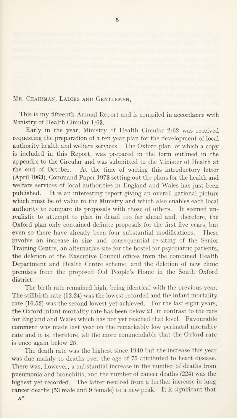 Mr. Chairman, Ladies and Gentlemen, This is my fifteenth Annual Report and is compiled in accordance with Ministry of Health Circular 1/63. Early in the year, Ministry of Health Circular 2/62 was received requesting the preparation of a ten year plan for the development of local authority health and welfare services. The Oxford plan, of which a copy is included in this Report, was prepared in the form outlined in the appendix to the Circular and was submiitted to the Minister of Health at the end of October. At the time of writing this introductory letter (April 1963), Command Paper 1973 setting out the plans for the health and vrelfare services of local authorities in England and Wales has just been published. It is an interesting report giving an overall national picture which must be of value to the Ministry and which also enables each local authorit^^ to compare its proposals with those of others. It seemed un¬ realistic to attempt to plan in detail too far ahead and, therefore, the Oxford plan only contained definite proposals for the first five years, but even so there have already been four substantial modifications. These involve an increase in size and consequential re-siting of the Senior Training Centre, an alternative site for the hostel for psychiatric patients, the deletion of the Executive Council offices from the combined Health Department and Health Centre scheme, and the deletion of new clinic premises from the proposed Old People’s Home in the South Oxford district. The birth rate remained high, being identical with the previous year. The stillbirth rate (12.24) was the lowest recorded and the infant mortality rate (16.52) was the second lowest yet achieved. For the last eight years, the Oxford infant mortality rate has been below 21, in contrast to the rate for England and Wales which has not yet reached that level. Favourable comment was made last year on the remarkably low perinatal mortality rate and it is, therefore, all the more commendable that the Oxford rate is once again below 25. The death rate was the highest since 1940 but the increase this year was due mainly to deaths over the age of 75 attributed to heart disease. There was, however, a substantial increase in the number of deaths from pneumonia and bronchitis, and the number of cancer deaths (224) was the highest yet recorded. The latter resulted from a further increase in lung cancer deaths (53 male and 9 female) to a new peak. It is significant that A*