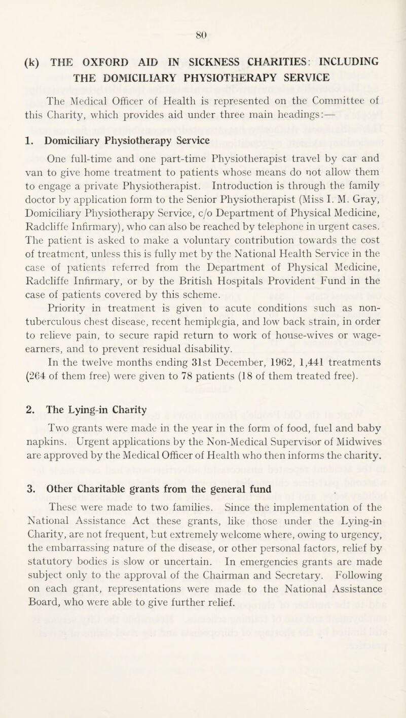 (k) THE OXFORD AID IN SICKNESS CHARITIES: INCLUDING THE DOMICILIARY PHYSIOTHERAPY SERVICE The Medical Officer of Health is represented on the Committee of this Charity, which provides aid under three main headings;— 1. Domiciliary Physiotherapy Service One full-time and one part-time Physiotherapist travel by car and van to give home treatment to patients whose means do not allow them to engage a private Physiotherapist, Introduction is through the family doctor by application form to the Senior Physiotherapist (Miss I. M. Gray, Domiciliary Physiotherapy Service, c/o Department of Physical Medicine, Radcliffe Infirmary), who can also be reached by telephone in urgent cases. The patient is asked to make a voluntary contribution towards the cost of treatment, unless this is fully met by the National Health Service in the case of patients referred from the Department of Physical Medicine, Radcliffe Infirmary, or by the British Hospitals Provident Fund in the case of patients covered by this scheme. Priority in treatment is given to acute conditions such as non- tuberculous chest disease, recent hemiplegia, and low back strain, in order to relieve pain, to secure rapid return to work of house-wives or wage- earners, and to prevent residual disability. In the twelve months ending 3Ist December, 1962, 1,441 treatments (264 of them free) were given to 78 patients (18 of them treated free). 2. The Lying-in Charity Two grants were made in the year in the form of food, fuel and baby napkins. Urgent applications by the Non-Medical Supervisor of Midwives are approved by the Medical Officer of Health who then informs the charity. 3. Other Charitable grants from the general fund These were made to two families. Since the implementation of the National Assistance Act these grants, like those under the Lying-in Charity, are not frequent, but extremely welcome where, owing to urgency, the embarrassing nature of the disease, or other personal factors, relief by statutory bodies is slow or uncertain. In emergencies grants are made subject only to the approval of the Chairman and Secretary. Following on each grant, representations were made to the National Assistance Board, who were able to give further relief.