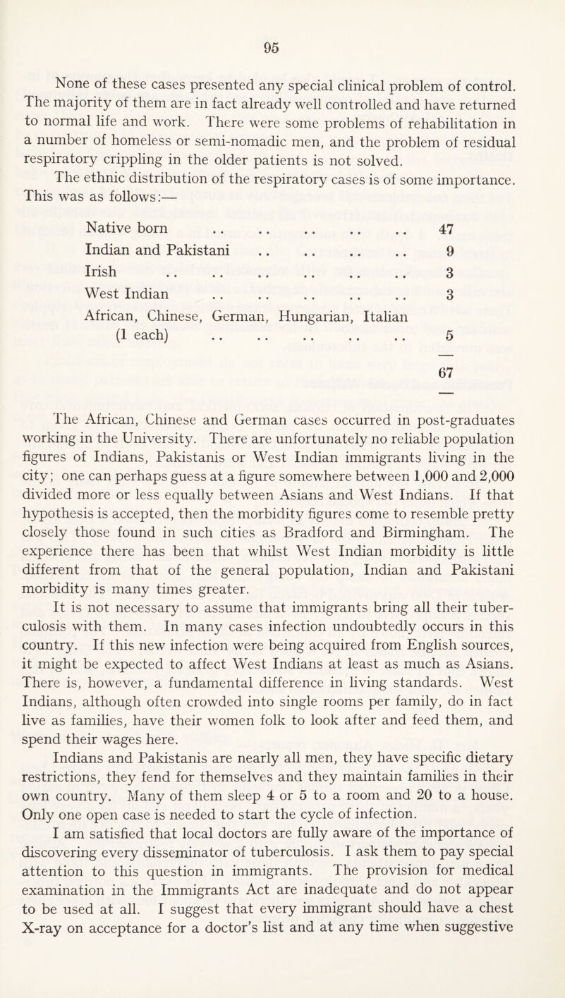 None of these cases presented any special clinical problem of control. The majority of them are in fact already well controlled and have returned to normal life and work. There were some problems of rehabilitation in a number of homeless or semi-nomadic men, and the problem of residual respiratory crippling in the older patients is not solved. The ethnic distribution of the respiratory cases is of some importance. This was as follows:— Native born Indian and Pakistani Irish West Indian African, Chinese, German, (1 each) 67 47 • • • • • • ^ § • • • • • • 9 Q • • • • • • • * • • . . Hungarian, Italian • • • • • • 5 The African, Chinese and German cases occurred in post-graduates working in the University. There are unfortunately no reliable population figures of Indians, Pakistanis or West Indian immigrants living in the city; one can perhaps guess at a figure somewhere between 1,000 and 2,000 divided more or less equally between Asians and West Indians. If that hypothesis is accepted, then the morbidity figures come to resemble pretty closely those found in such cities as Bradford and Birmingham. The experience there has been that whilst West Indian morbidity is little different from that of the general population, Indian and Pakistani morbidity is many times greater. It is not necessary to assume that immigrants bring all their tuber¬ culosis with them. In many cases infection undoubtedly occurs in this country. If this new infection were being acquired from English sources, it might be expected to affect West Indians at least as much as Asians. There is, however, a fundamental difference in living standards. West Indians, although often crowded into single rooms per family, do in fact live as families, have their women folk to look after and feed them, and spend their wages here. Indians and Pakistanis are nearly all men, they have specific dietary restrictions, they fend for themselves and they maintain families in their own country. Many of them sleep 4 or 5 to a room and 20 to a house. Only one open case is needed to start the cycle of infection. I am satisfied that local doctors are fully aware of the importance of discovering every disseminator of tuberculosis. I ask them to pay special attention to this question in immigrants. The provision for medical examination in the Immigrants Act are inadequate and do not appear to be used at all. I suggest that every immigrant should have a chest X-ray on acceptance for a doctor’s list and at any time when suggestive