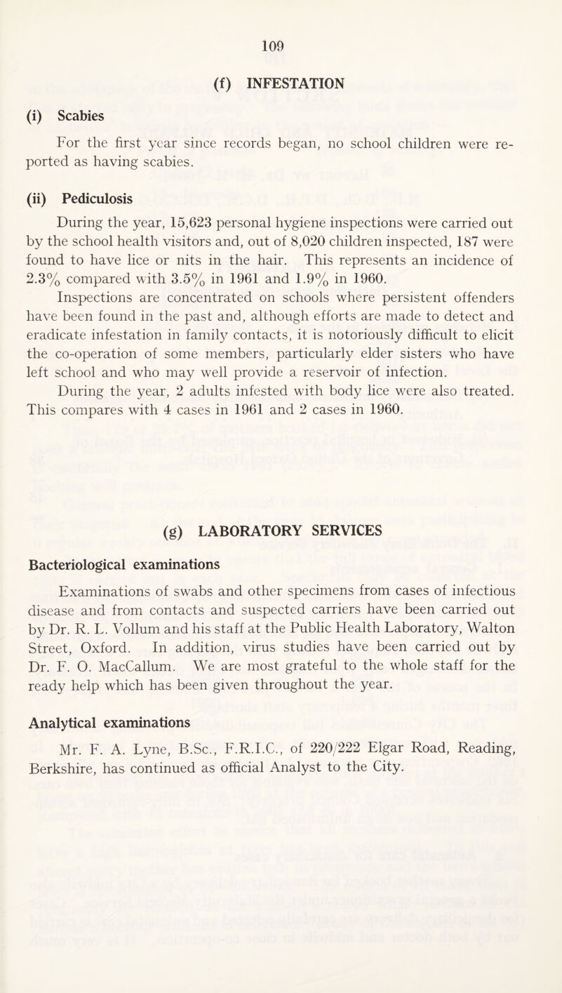 (f) INFESTATION (i) Scabies For the first year since records began, no school children were re¬ ported as having scabies. (ii) Pediculosis During the year, 15,623 personal hygiene inspections were carried out by the school health visitors and, out of 8,020 children inspected, 187 were found to have lice or nits in the hair. This represents an incidence of 2.3% compared with 3.5% in 1961 and 1.9% in 1960. Inspections are concentrated on schools where persistent offenders have been found in the past and, although efforts are made to detect and eradicate infestation in family contacts, it is notoriously difficult to elicit the co-operation of some members, particularly elder sisters who have left school and who may well provide a reservoir of infection. During the year, 2 adults infested with body lice were also treated. This compares with 4 cases in 1961 and 2 cases in 1960. (g) LABORATORY SERVICES Bacteriological examinations Examinations of swabs and other specimens from cases of infectious disease and from contacts and suspected carriers have been carried out by Dr. R. L. Vollum and his staff at the Public Flealth Laboratory, Walton Street, Oxford. In addition, virus studies have been carried out by Dr. F. O. MacCallum. We are most grateful to the whole staff for the ready help which has been given throughout the year. Analytical examinations Mr. F. A. Lyne, B.Sc., F.R.I.C., of 220/222 Elgar Road, Reading, Berkshire, has continued as official Analyst to the City.