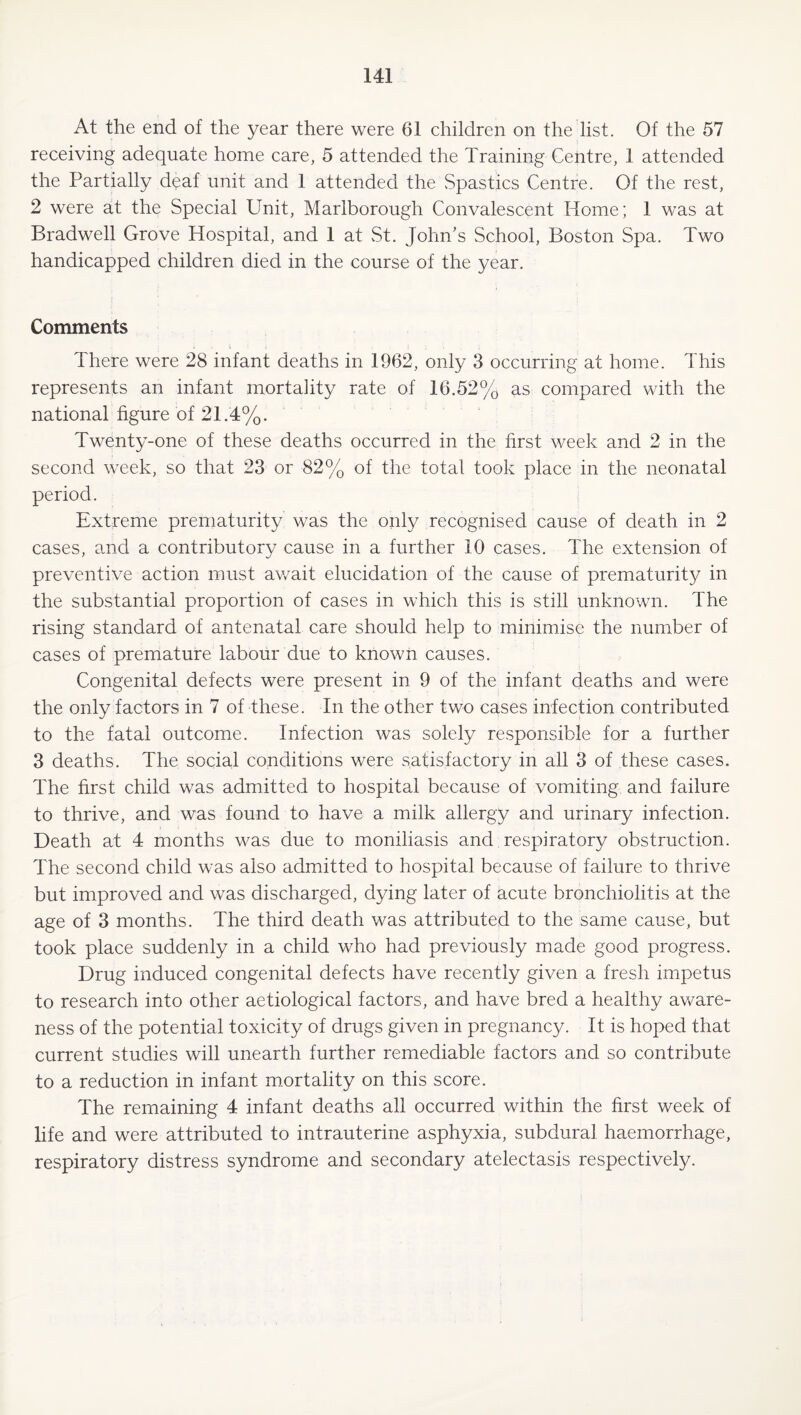 At the end of the year there were 61 children on the list. Of the 57 receiving adequate home care, 5 attended the Training Centre, 1 attended the Partially deaf unit and 1 attended the Spastics Centre. Of the rest, 2 were at the Special Unit, Marlborough Convalescent Home; 1 was at Bradwell Grove Hospital, and 1 at St. John’s School, Boston Spa. Two handicapped children died in the course of the year. Comments There were 28 infant deaths in 1962, only 3 occurring at home. This represents an infant mortality rate of 16.52% as compared with the national figure of 21.4%. Twenty-one of these deaths occurred in the first week and 2 in the second week, so that 23 or 82% of the total took place in the neonatal period. Extreme prematurity was the only recognised cause of death in 2 cases, and a contributory cause in a further 10 cases. The extension of preventive action must await elucidation of the cause of prematurity in the substantial proportion of cases in which this is still unknown. The rising standard of antenatal care should help to minimise the number of cases of premature labour due to known causes. Congenital defects were present in 9 of the infant deaths and were the only factors in 7 of these. In the other two cases infection contributed to the fatal outcome. Infection was solely responsible for a further 3 deaths. The social conditions were satisfactory in all 3 of these cases. The first child was admitted to hospital because of vomiting and failure to thrive, and was found to have a mfilk allergy and urinary infection. Death at 4 months was due to moniliasis and respiratory obstruction. The second child was also admitted to hospital because of failure to thrive but improved and was discharged, dying later of acute bronchiolitis at the age of 3 months. The third death was attributed to the same cause, but took place suddenly in a child who had previously made good progress. Drug induced congenital defects have recently given a fresh impetus to research into other aetiological factors, and have bred a healthy aware¬ ness of the potential toxicity of drugs given in pregnancy. It is hoped that current studies will unearth further remediable factors and so contribute to a reduction in infant m.ortality on this score. The remaining 4 infant deaths all occurred within the first week of life and were attributed to intrauterine asphyxia, subdural haemorrhage, respiratory distress syndrome and secondary atelectasis respectively.