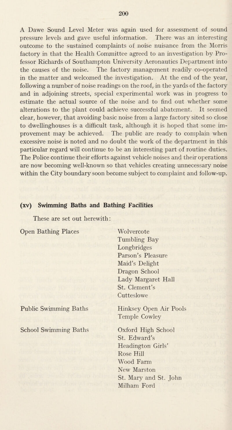 A Dawe Sound Level Meter was again used for assessment of sound pressure levels and gave useful information. There was an interesting outcome to the sustained complaints of noise nuisance from the Morris factory in that the Health Committee agreed to an investigation by Pro¬ fessor Richards of Southampton University Aeronautics Department into the causes of the noise. The factory management readily co-operated in the matter and welcomed the investigation. At the end of the year, following a number of noise readings on the roof, in the yards of the factory and in adjoining streets, special experimental work was in progress to estimate the actual source of the noise and to find out whether some alterations to the plant could achieve successful abatement. It seemed clear, however, that avoiding basic noise from a large factory sited so close to dwellinghouses is a difficult task, although it is hoped that some im¬ provement may be achieved. The public are ready to complain when excessive noise is noted and no doubt the work of the department in this particular regard will continue to be an interesting part of routine duties. The Police continue their efforts against vehicle noises and their operations are now becoming well-known so that vehicles creating unnecessary noise within the City boundary soon become subject to complaint and follow-up. (xv) Swimming Baths and Bathing Facilities These are set out herewith: Open Bathing Places Wolvercote Tumbling Bay Longbridges Parson’s Pleasure Maid’s Delight Dragon School Lady Margaret Hall St. Clement’s Cutteslowe Public Swimming Baths Hinksey Open Air Pools Temple Cowley School Swimming Baths Oxford High School St. Edward’s Headington Girls’ Rose Hill Wood Farm New Marston St. Mary and St. John Milham Ford
